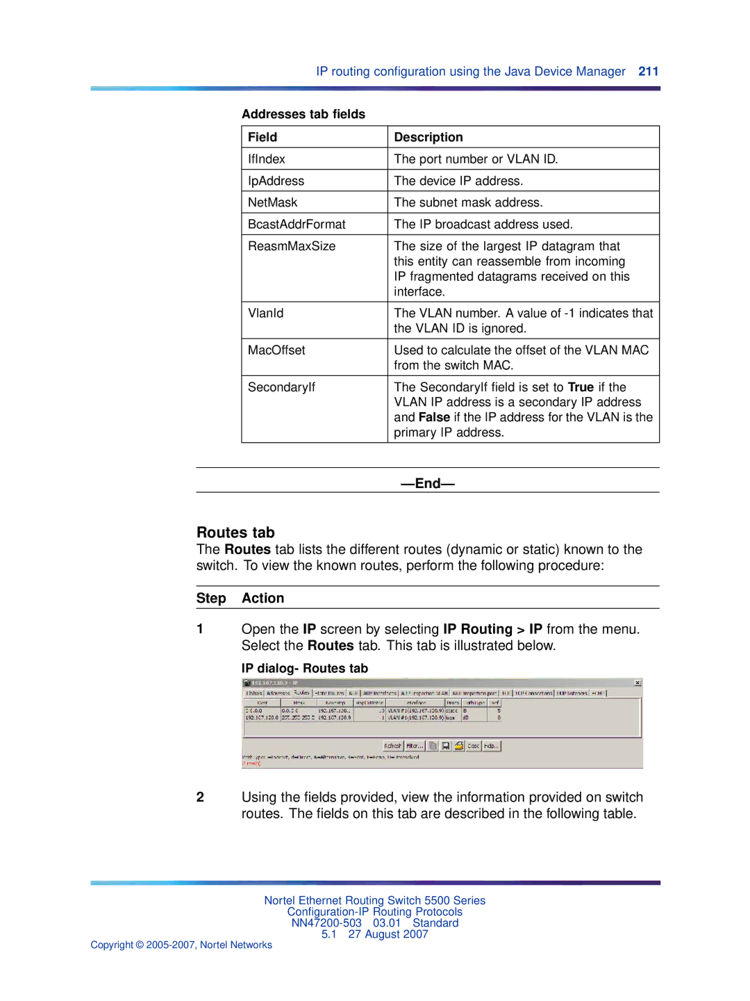 Nortel Networks NN47200-503 manual Addresses tab ﬁelds Field Description, IP dialog- Routes tab 