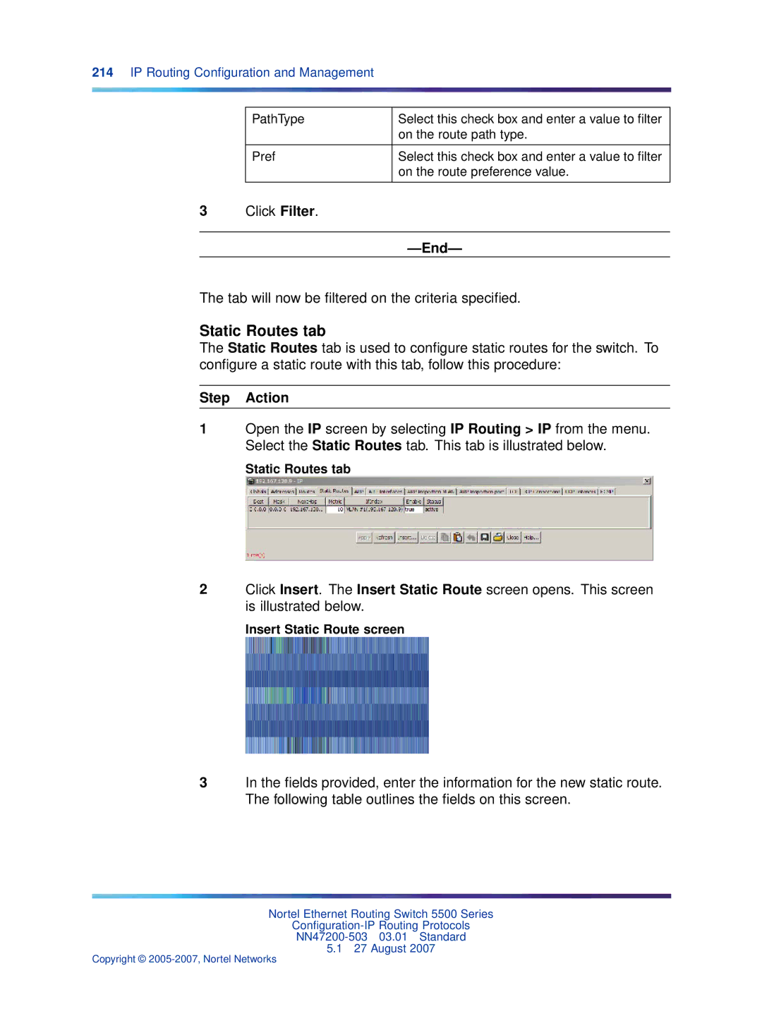 Nortel Networks NN47200-503 manual Static Routes tab, Click Filter, Tab will now be ﬁltered on the criteria speciﬁed 