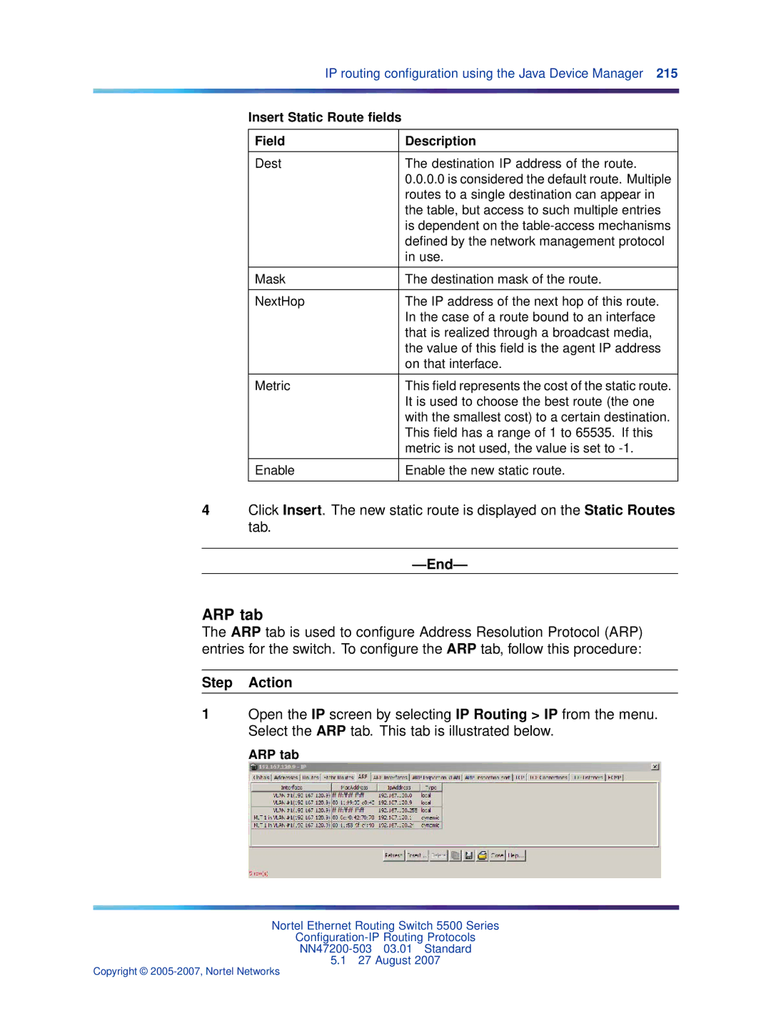 Nortel Networks NN47200-503 manual ARP tab, Insert Static Route ﬁelds, Field Description 