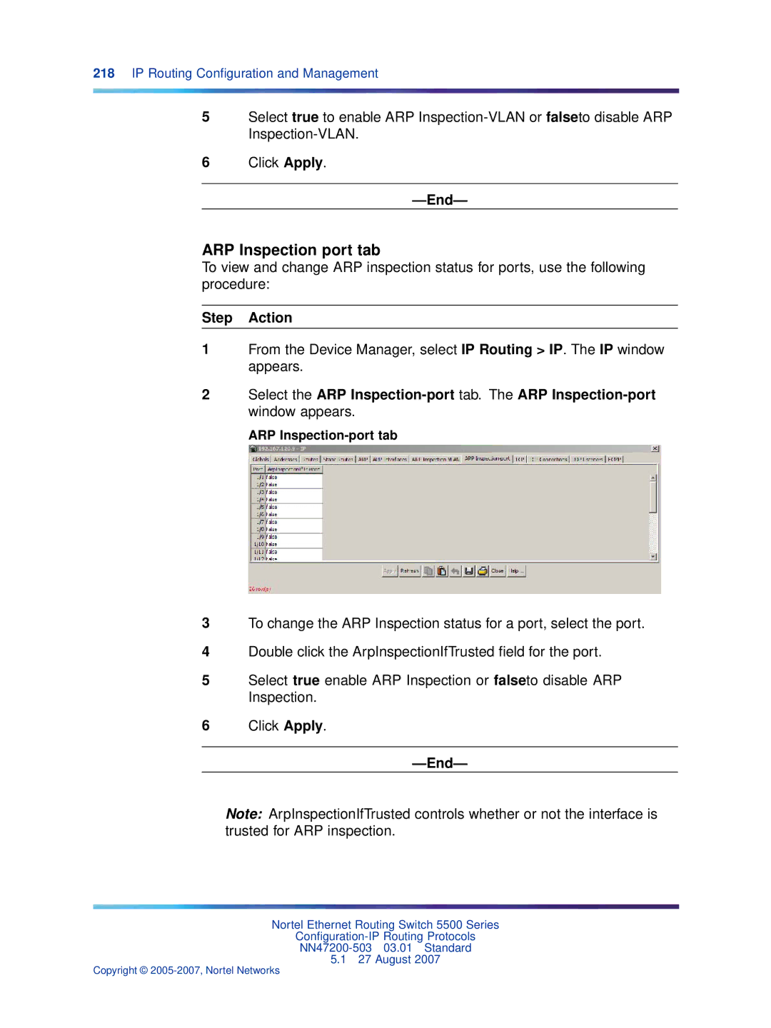 Nortel Networks NN47200-503 manual ARP Inspection port tab, ARP Inspection-port tab 