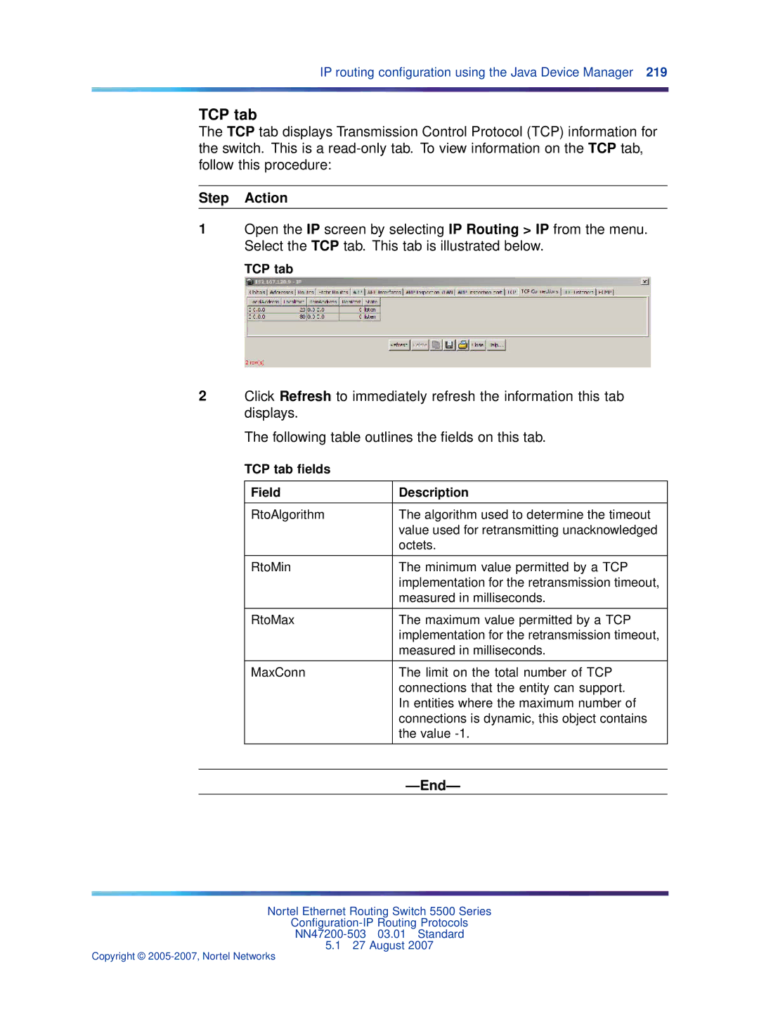 Nortel Networks NN47200-503 manual TCP tab ﬁelds Field Description 