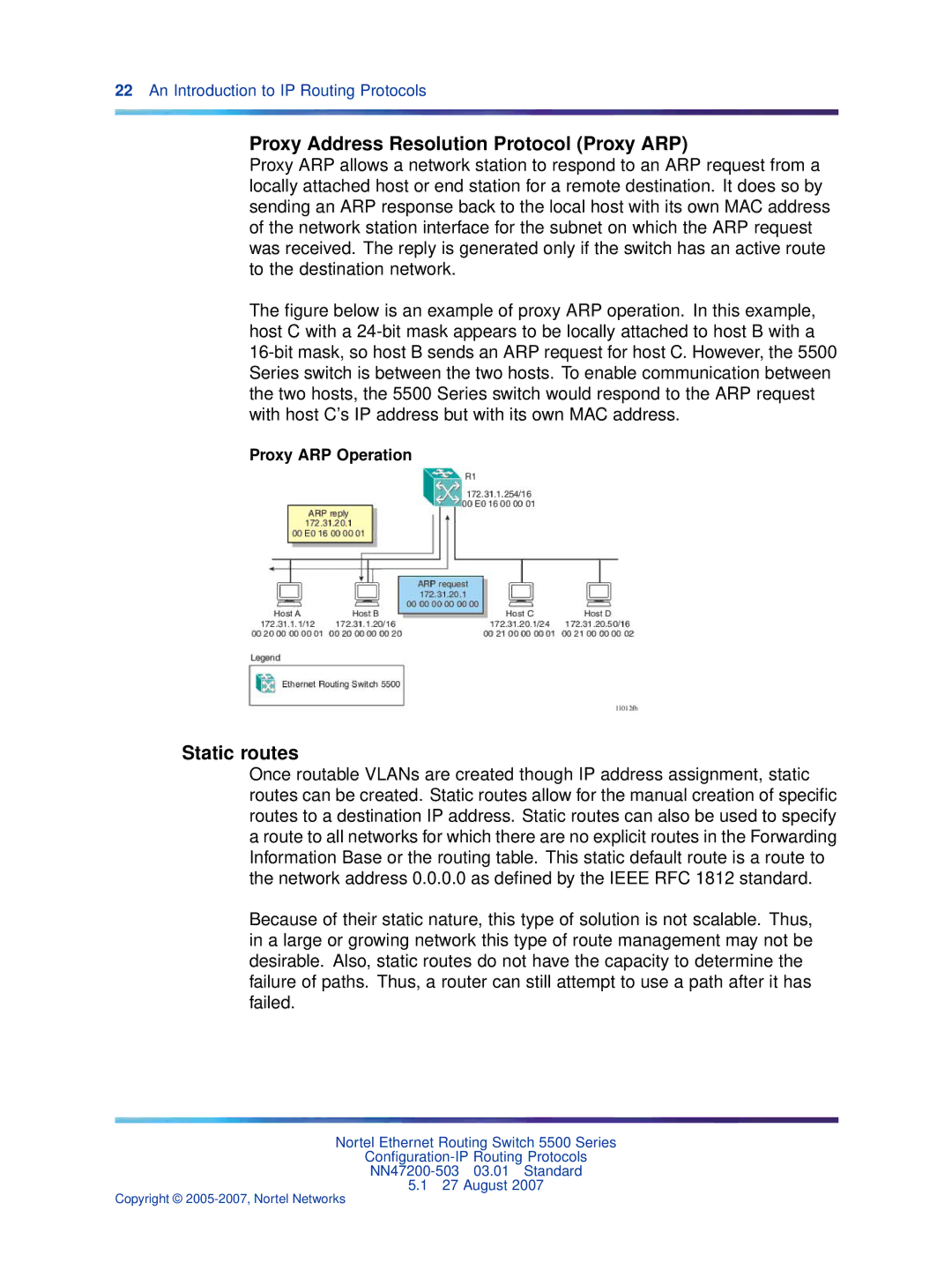 Nortel Networks NN47200-503 manual Proxy Address Resolution Protocol Proxy ARP, Static routes, Proxy ARP Operation 