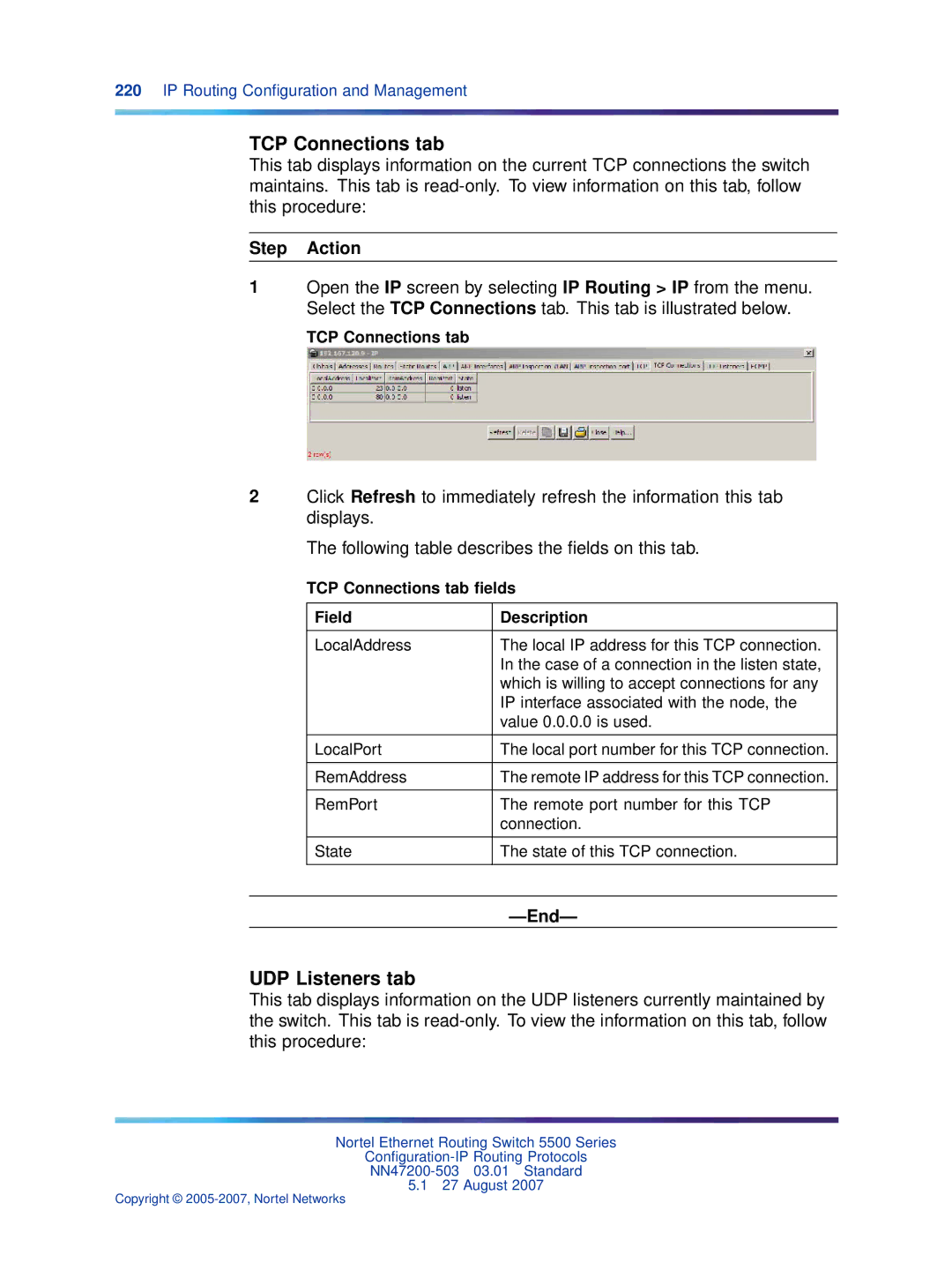 Nortel Networks NN47200-503 manual UDP Listeners tab, TCP Connections tab ﬁelds Field Description 