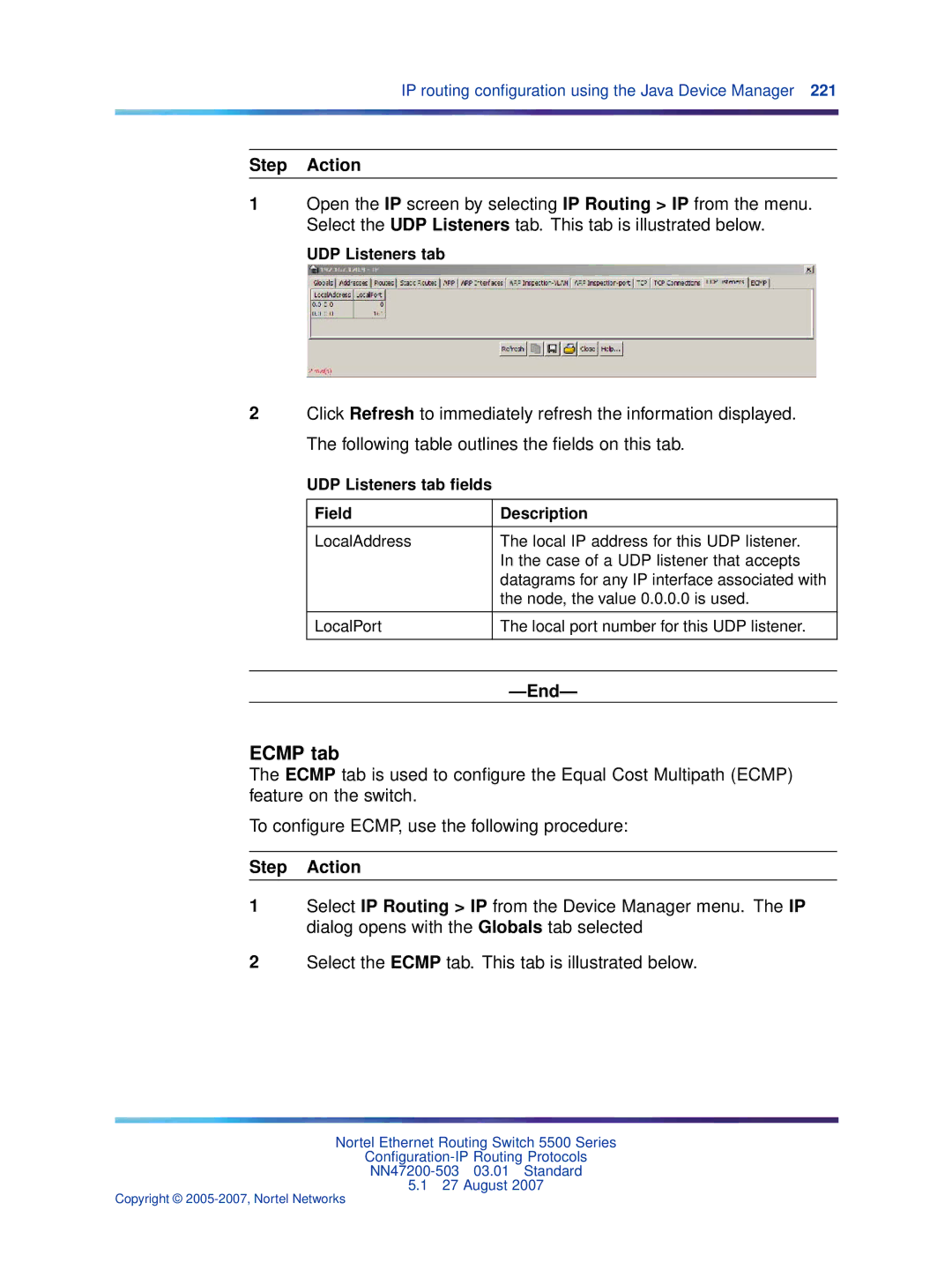 Nortel Networks NN47200-503 manual Ecmp tab, UDP Listeners tab ﬁelds Field Description 