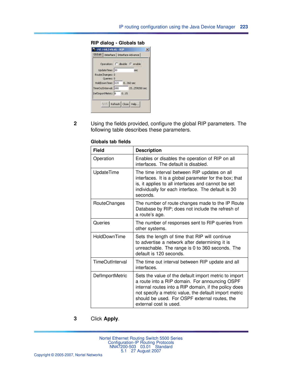 Nortel Networks NN47200-503 manual RIP dialog Globals tab, Globals tab ﬁelds Field Description 