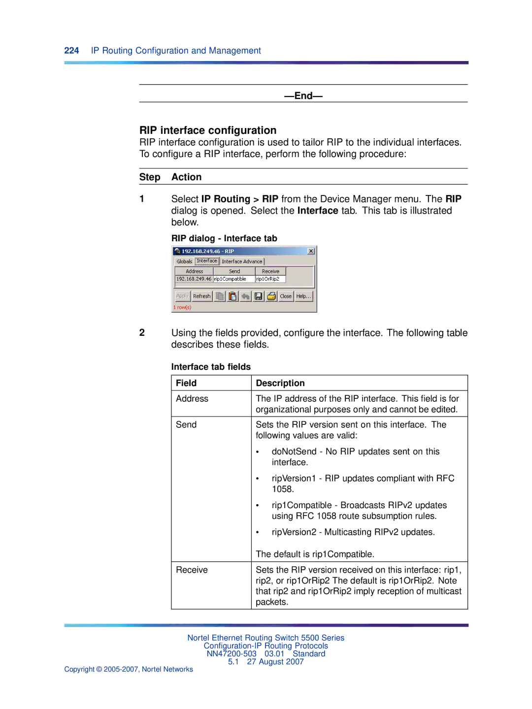 Nortel Networks NN47200-503 RIP interface conﬁguration, RIP dialog Interface tab, Interface tab ﬁelds Field Description 