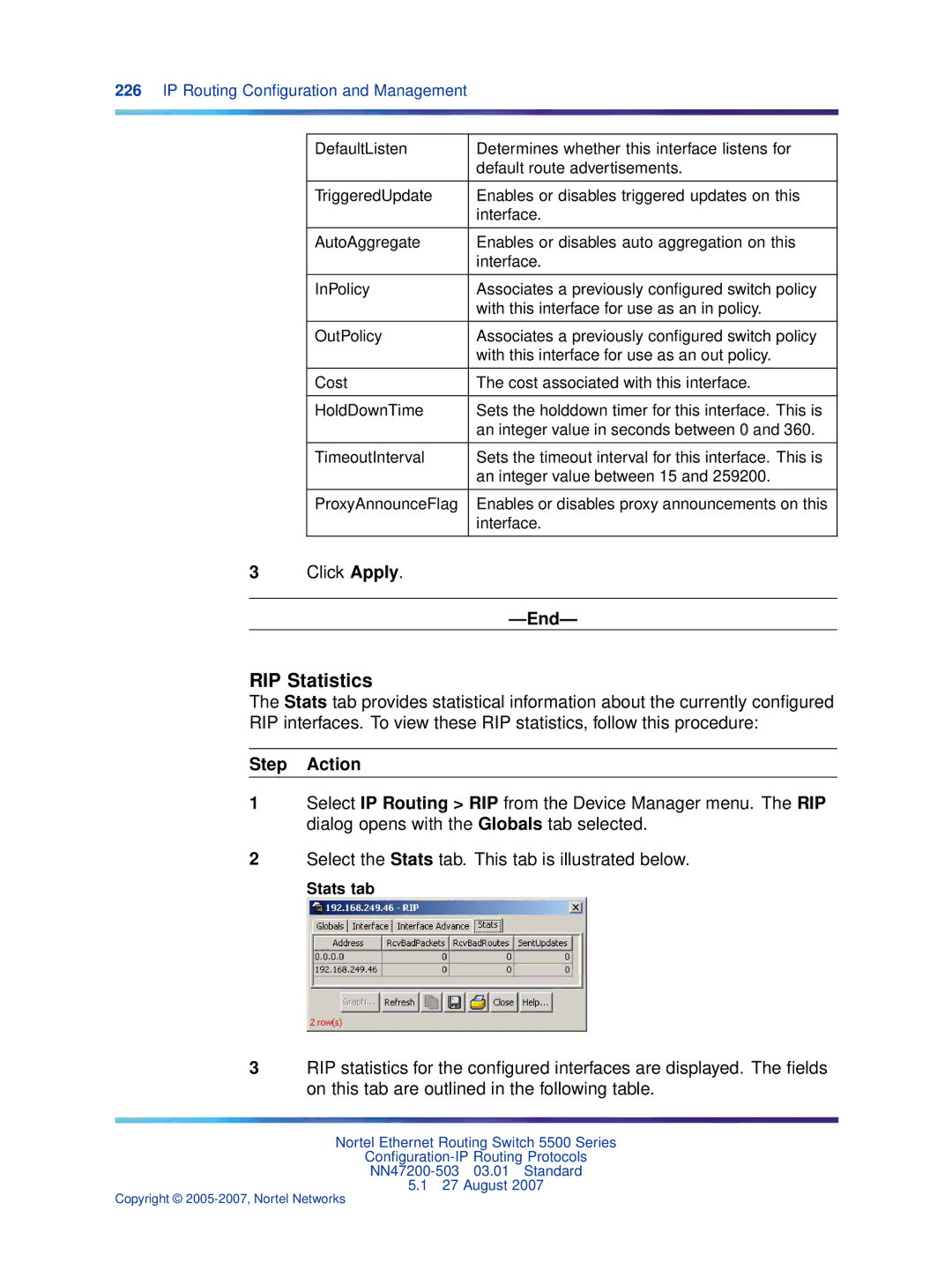 Nortel Networks NN47200-503 manual RIP Statistics, Stats tab 