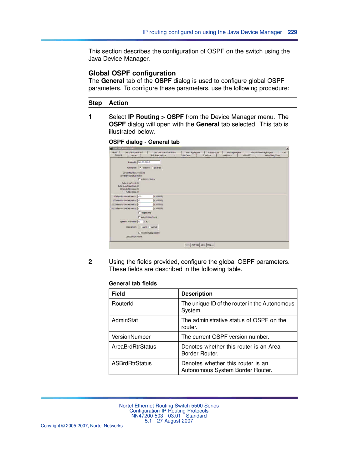 Nortel Networks NN47200-503 manual Global Ospf conﬁguration, Ospf dialog General tab, General tab ﬁelds Field Description 