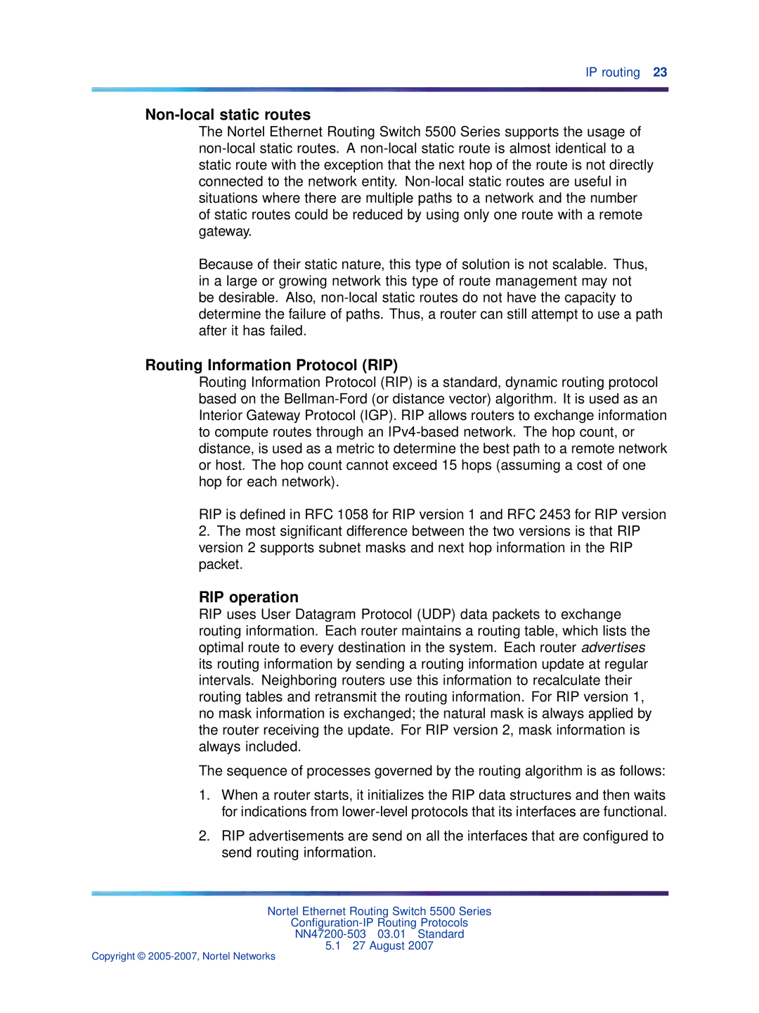 Nortel Networks NN47200-503 manual Non-local static routes, Routing Information Protocol RIP, RIP operation 