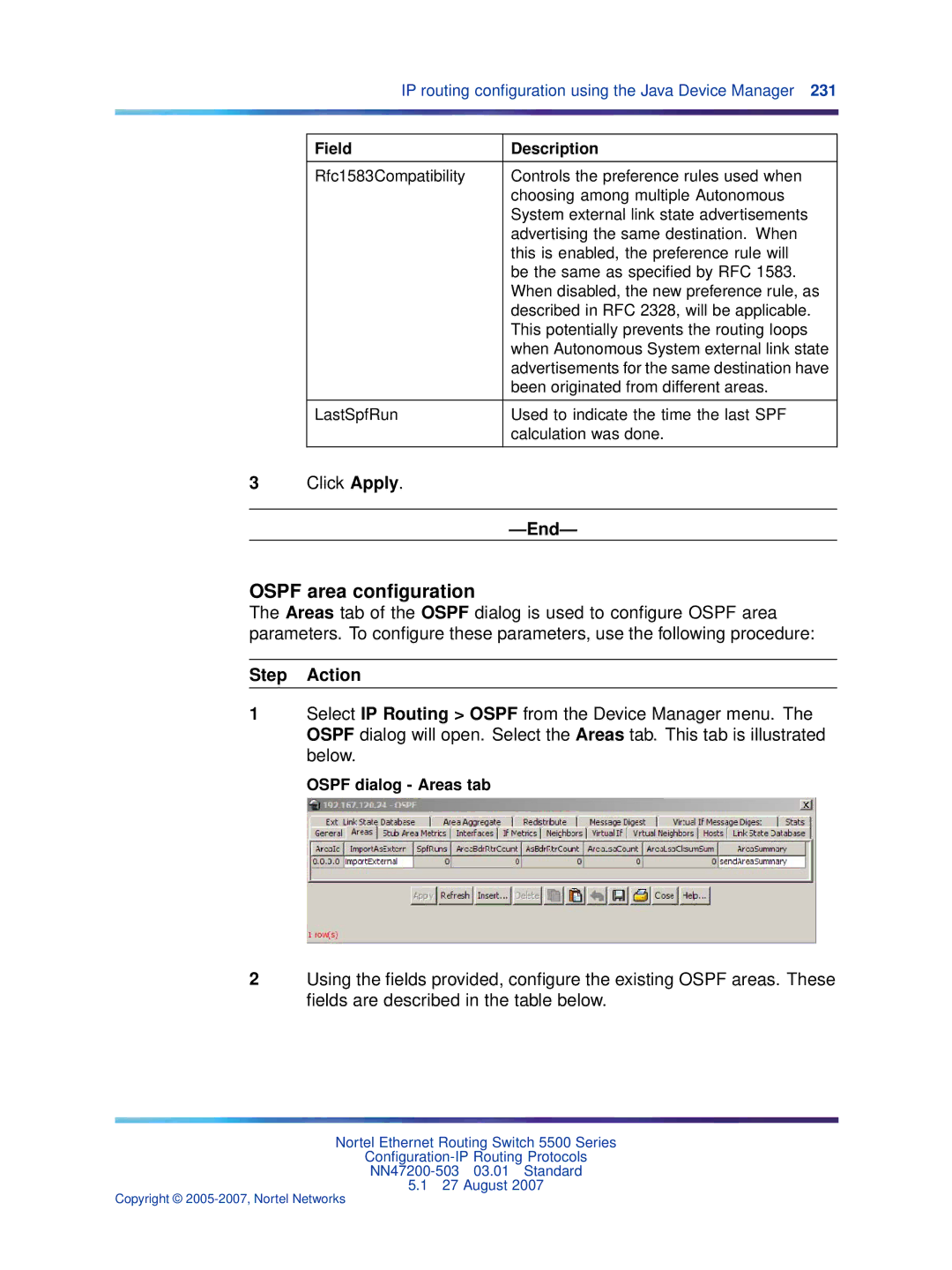 Nortel Networks NN47200-503 manual Ospf area conﬁguration, Ospf dialog Areas tab 