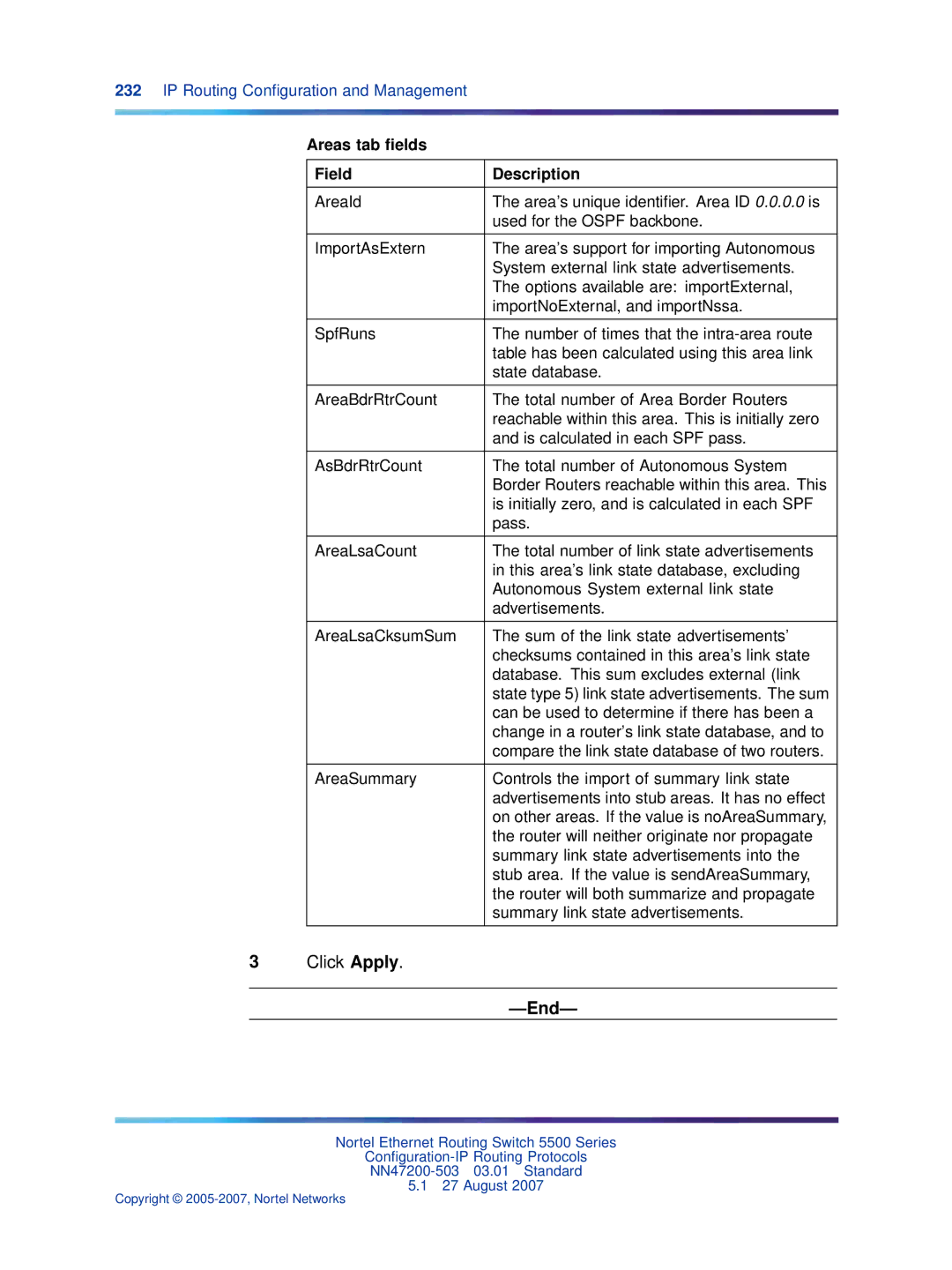 Nortel Networks NN47200-503 manual Areas tab ﬁelds Field Description 