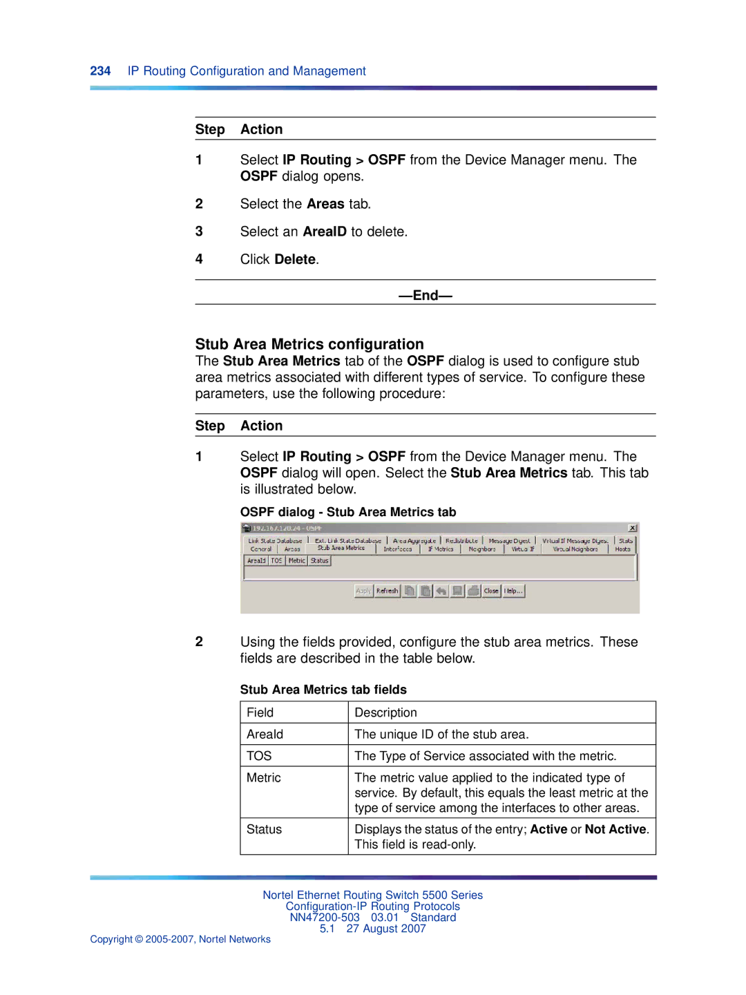 Nortel Networks NN47200-503 Stub Area Metrics conﬁguration, Ospf dialog Stub Area Metrics tab, Stub Area Metrics tab ﬁelds 