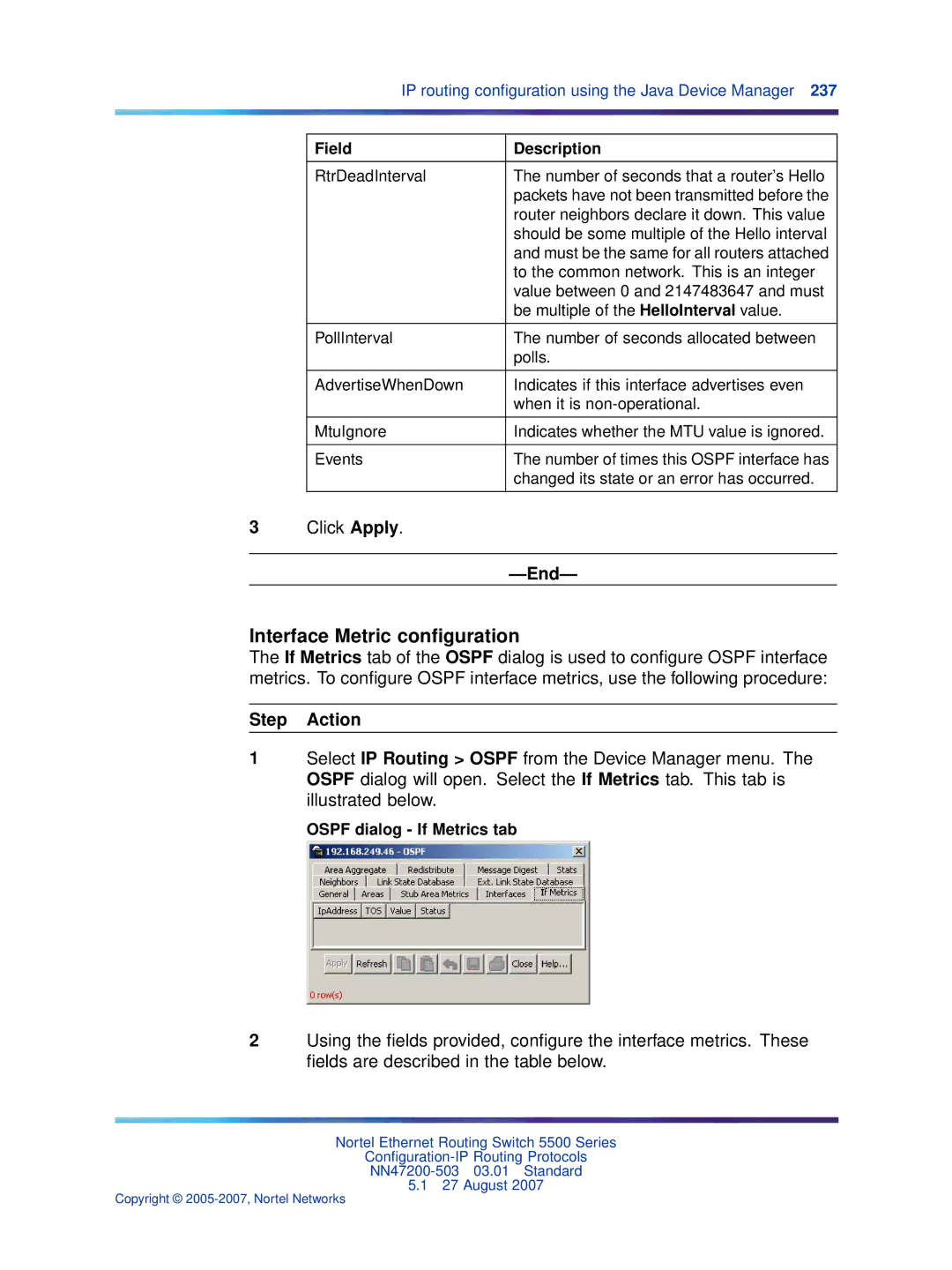 Nortel Networks NN47200-503 manual Interface Metric conﬁguration, Ospf dialog If Metrics tab 