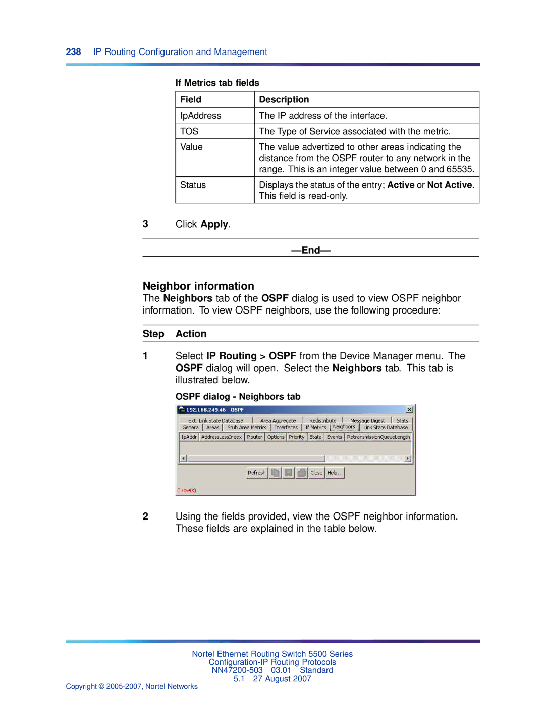 Nortel Networks NN47200-503 manual Neighbor information, If Metrics tab ﬁelds Field Description, Ospf dialog Neighbors tab 