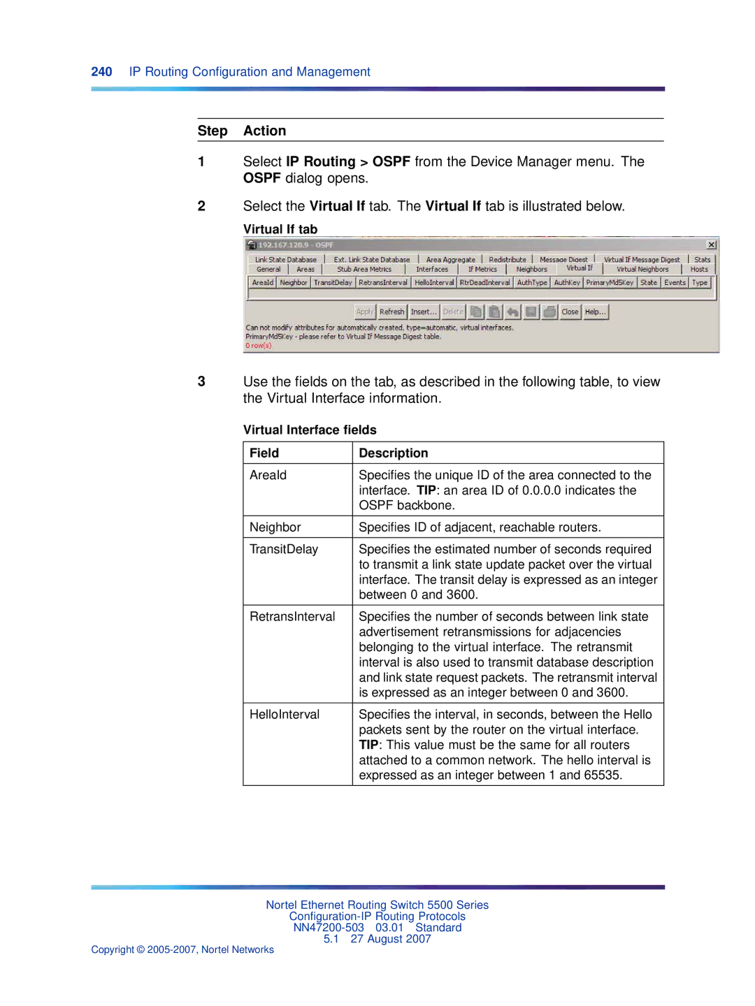 Nortel Networks NN47200-503 manual Virtual If tab, Virtual Interface ﬁelds Field Description 