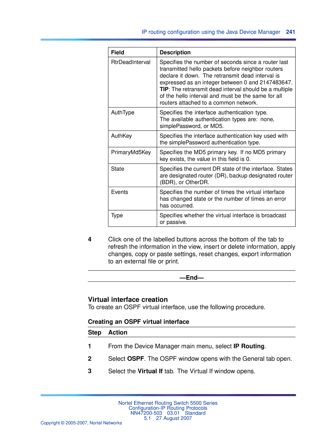 Nortel Networks NN47200-503 manual Virtual interface creation, Creating an Ospf virtual interface Step Action 