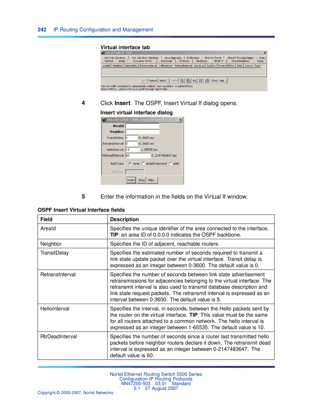 Nortel Networks NN47200-503 manual Click Insert. The OSPF, Insert Virtual If dialog opens, Virtual interface tab 