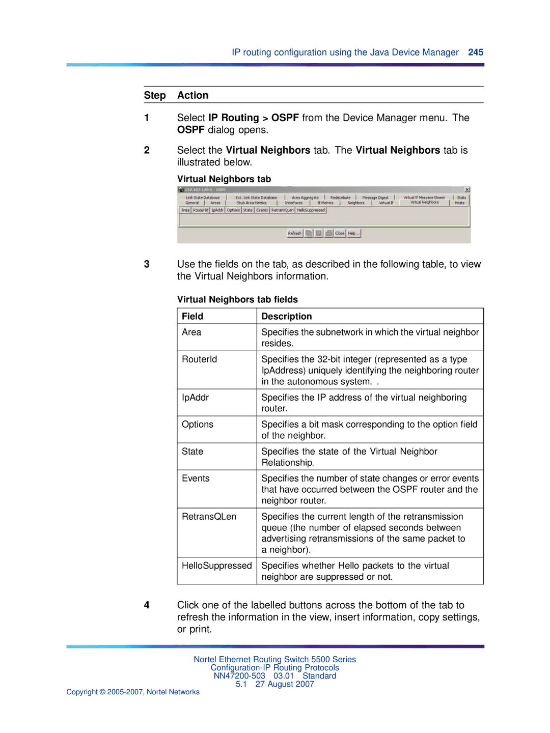 Nortel Networks NN47200-503 manual Virtual Neighbors tab ﬁelds Field Description 