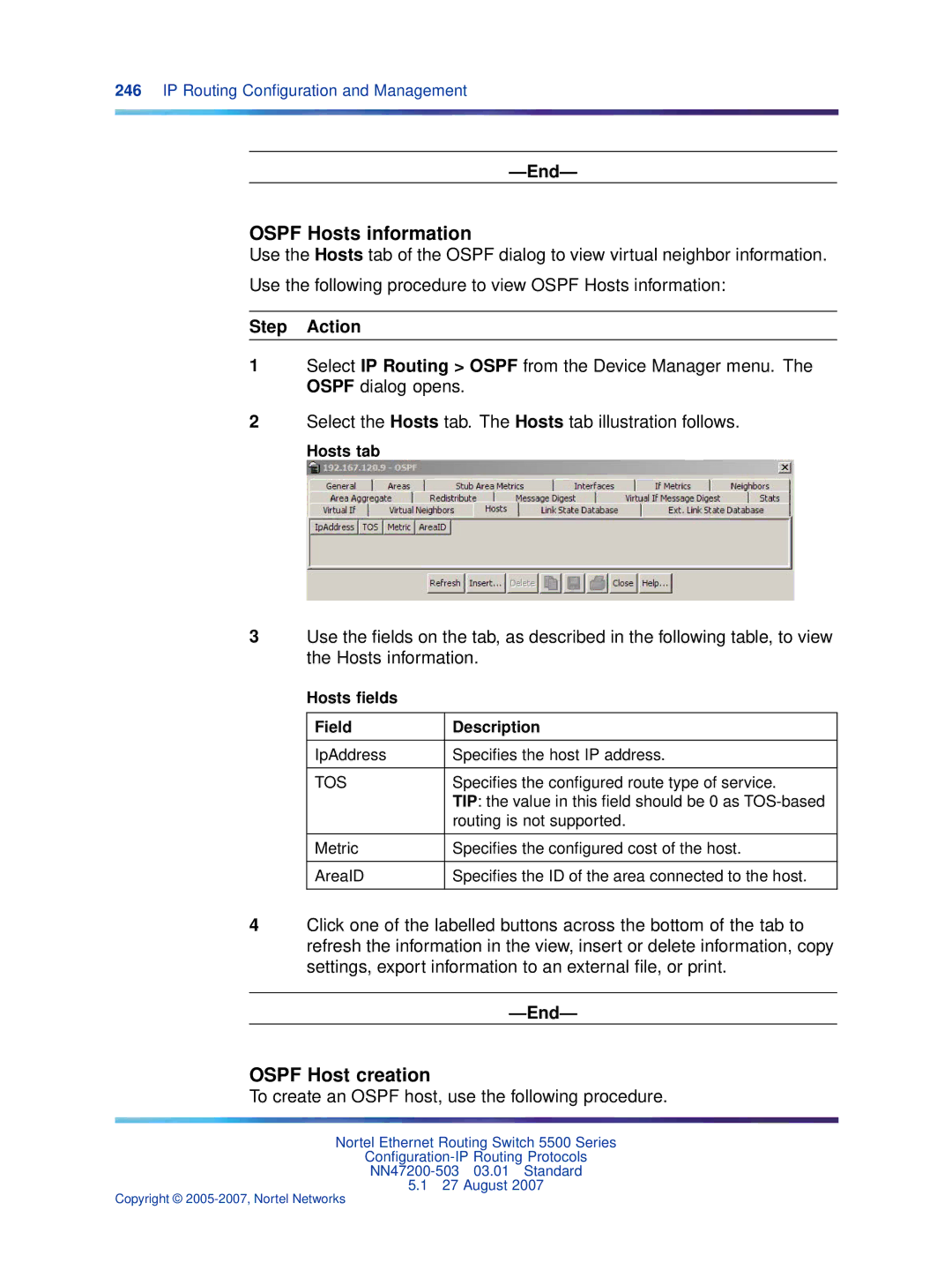 Nortel Networks NN47200-503 manual Ospf Hosts information, Ospf Host creation, Hosts tab, Hosts ﬁelds Field Description 