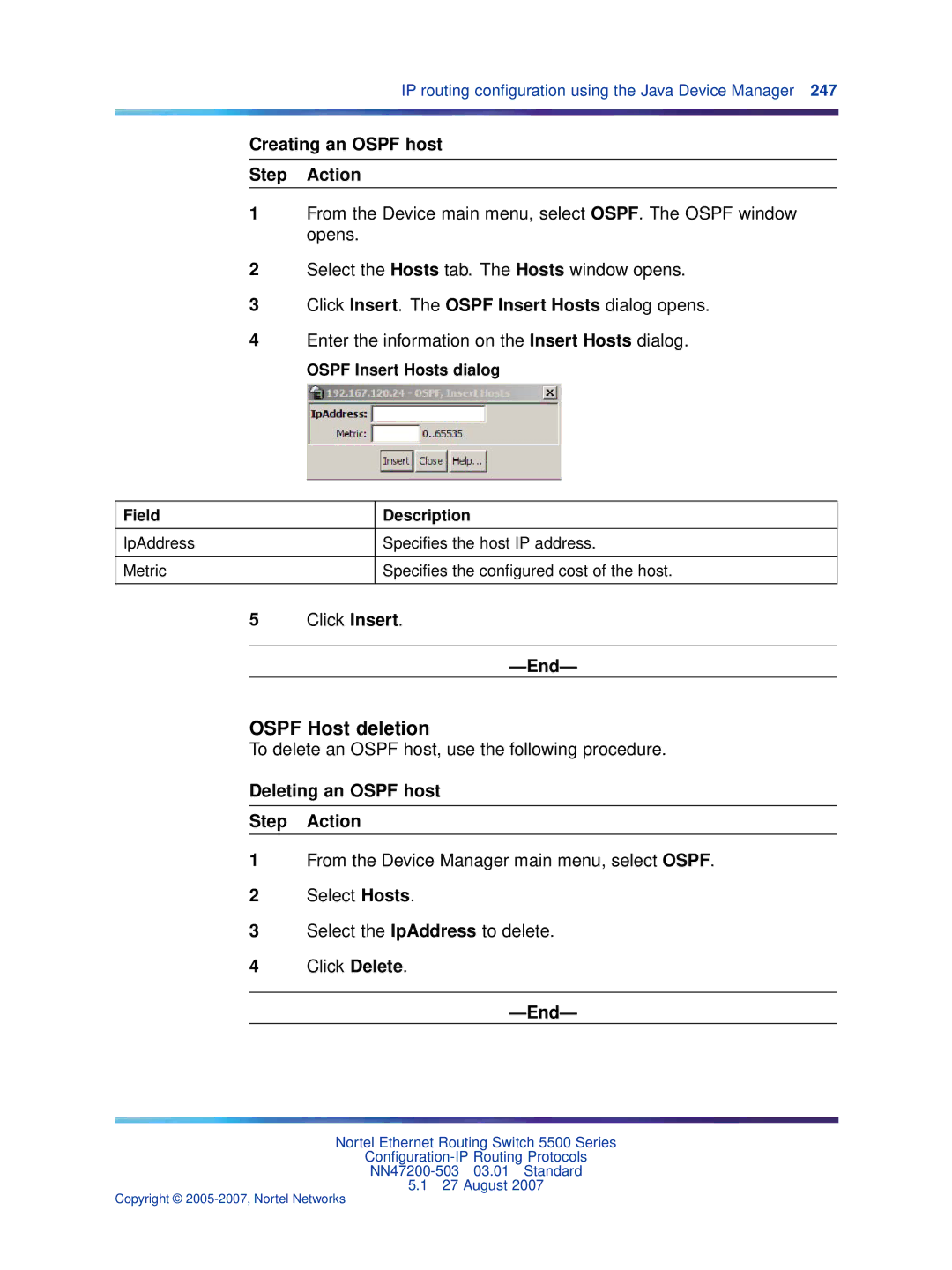 Nortel Networks NN47200-503 manual Ospf Host deletion, Creating an Ospf host Step Action, Deleting an Ospf host Step Action 