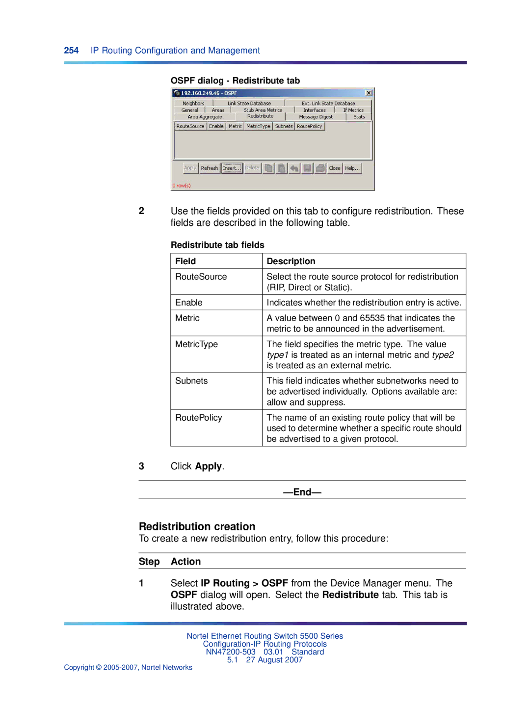 Nortel Networks NN47200-503 manual Redistribution creation, To create a new redistribution entry, follow this procedure 