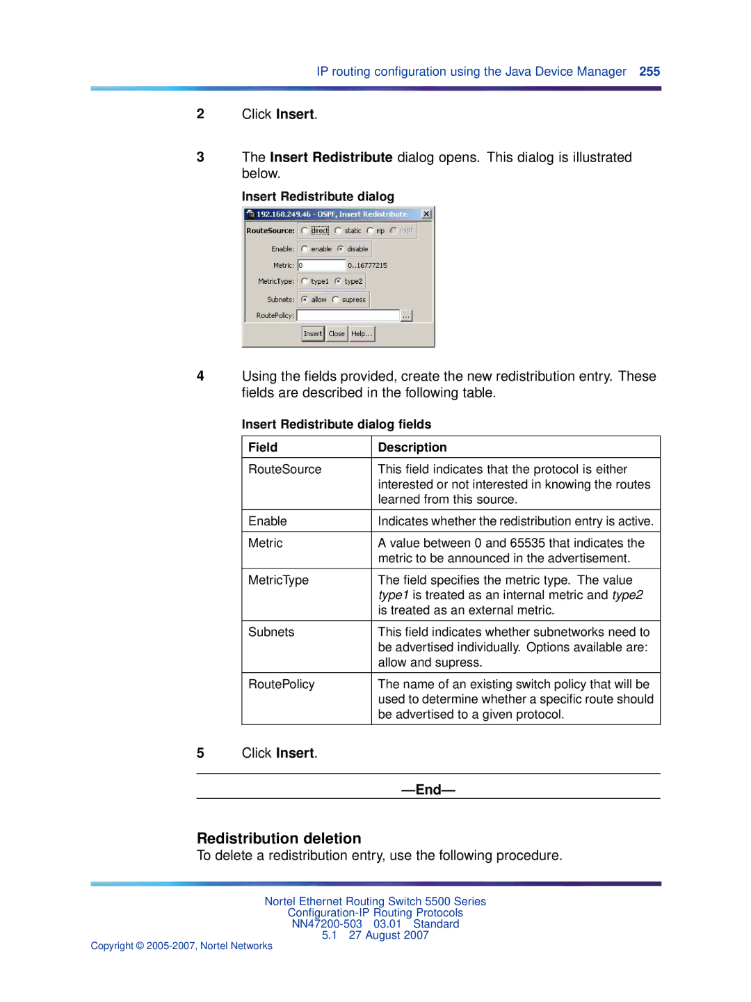 Nortel Networks NN47200-503 manual Redistribution deletion, Insert Redistribute dialog 