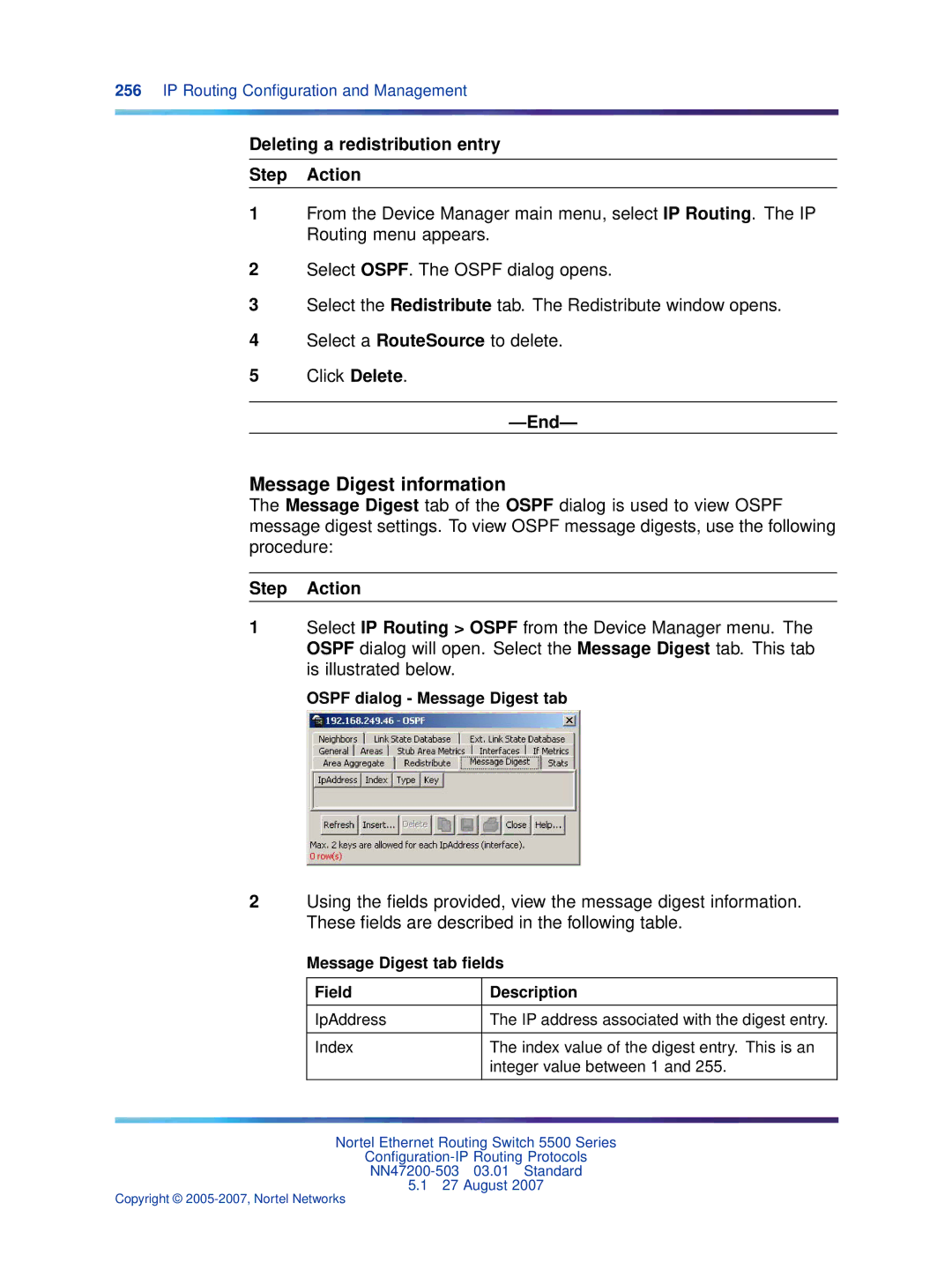 Nortel Networks NN47200-503 manual Message Digest information, Deleting a redistribution entry Step Action 