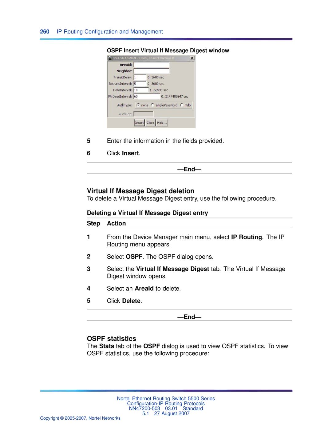 Nortel Networks NN47200-503 manual Virtual If Message Digest deletion, Ospf statistics 