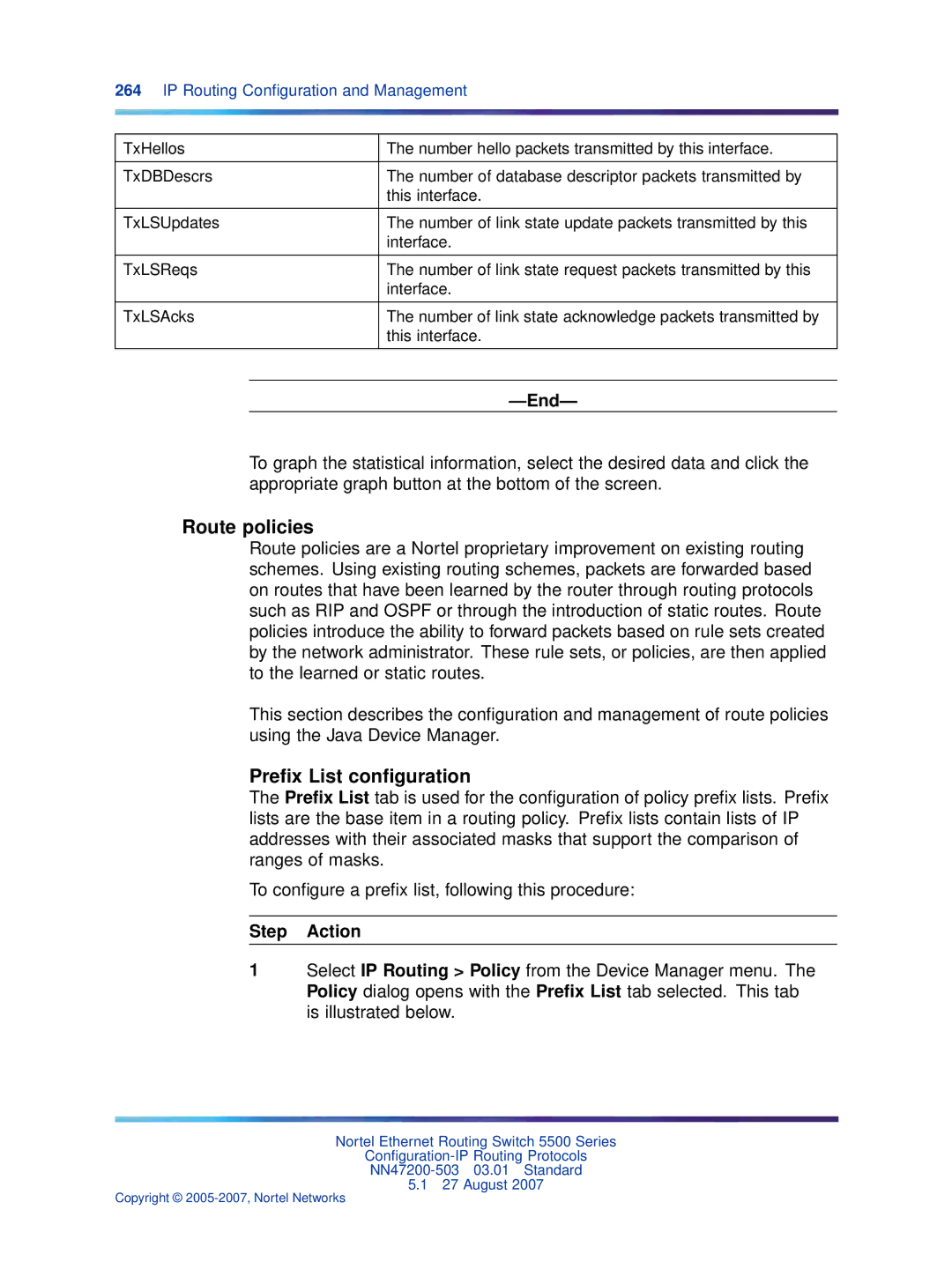 Nortel Networks NN47200-503 manual Route policies, Preﬁx List conﬁguration 