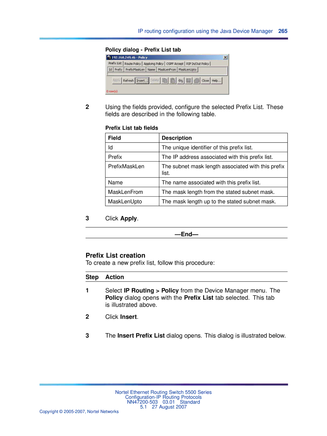 Nortel Networks NN47200-503 manual Preﬁx List creation, To create a new preﬁx list, follow this procedure 