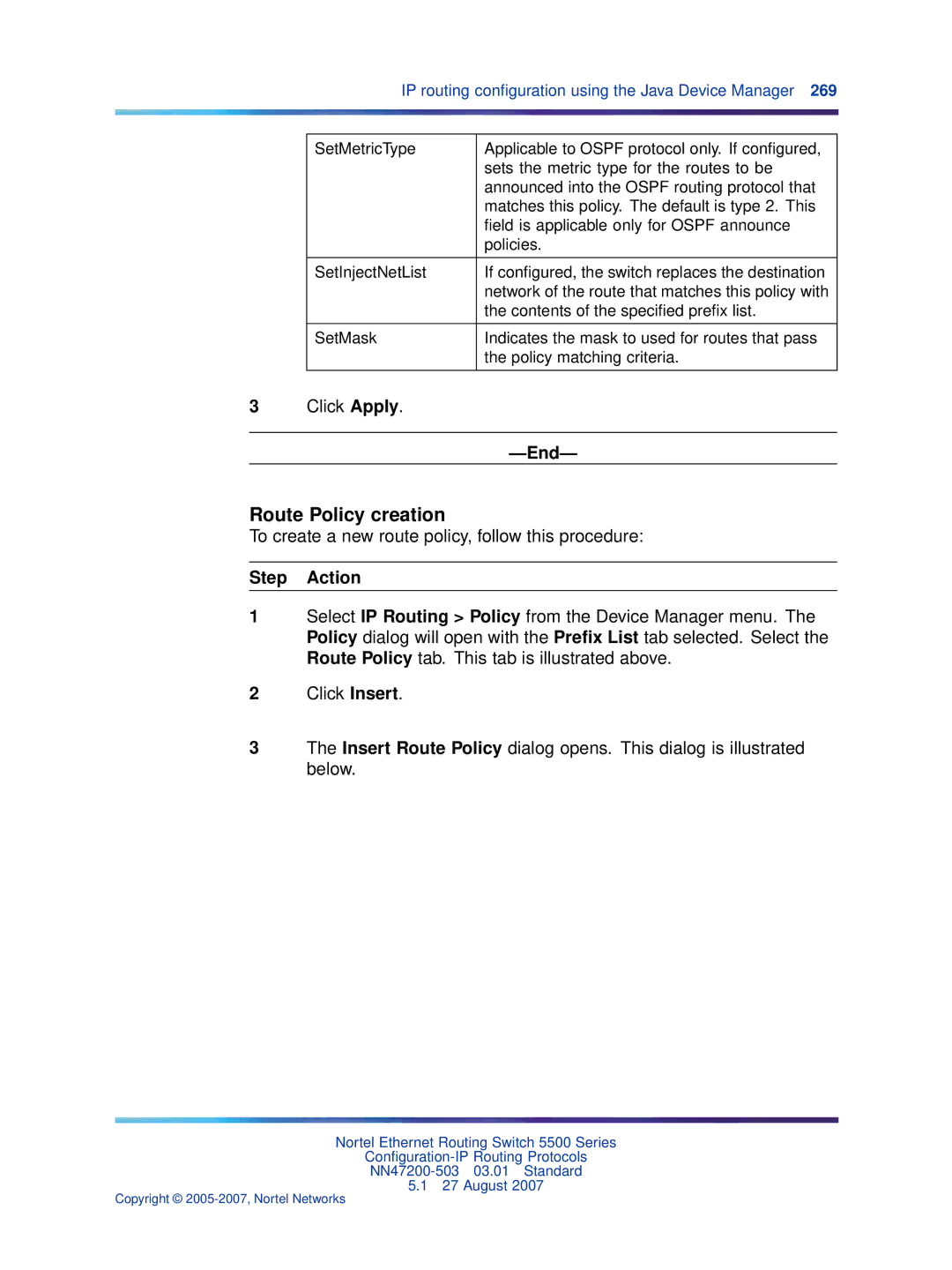 Nortel Networks NN47200-503 manual Route Policy creation, To create a new route policy, follow this procedure 