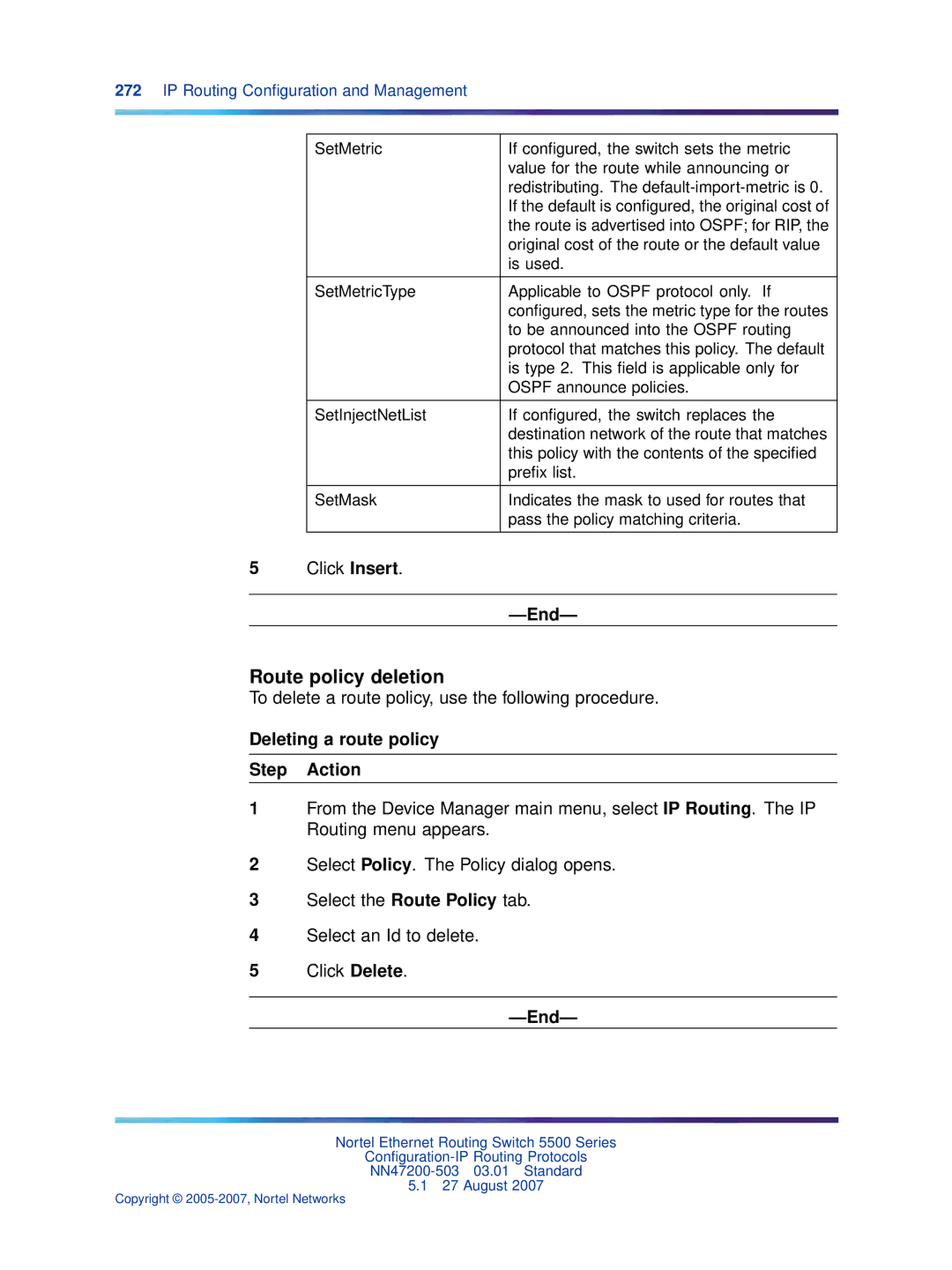 Nortel Networks NN47200-503 manual Route policy deletion, To delete a route policy, use the following procedure 