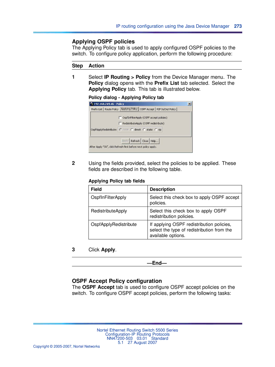 Nortel Networks NN47200-503 Applying Ospf policies, Ospf Accept Policy conﬁguration, Policy dialog Applying Policy tab 