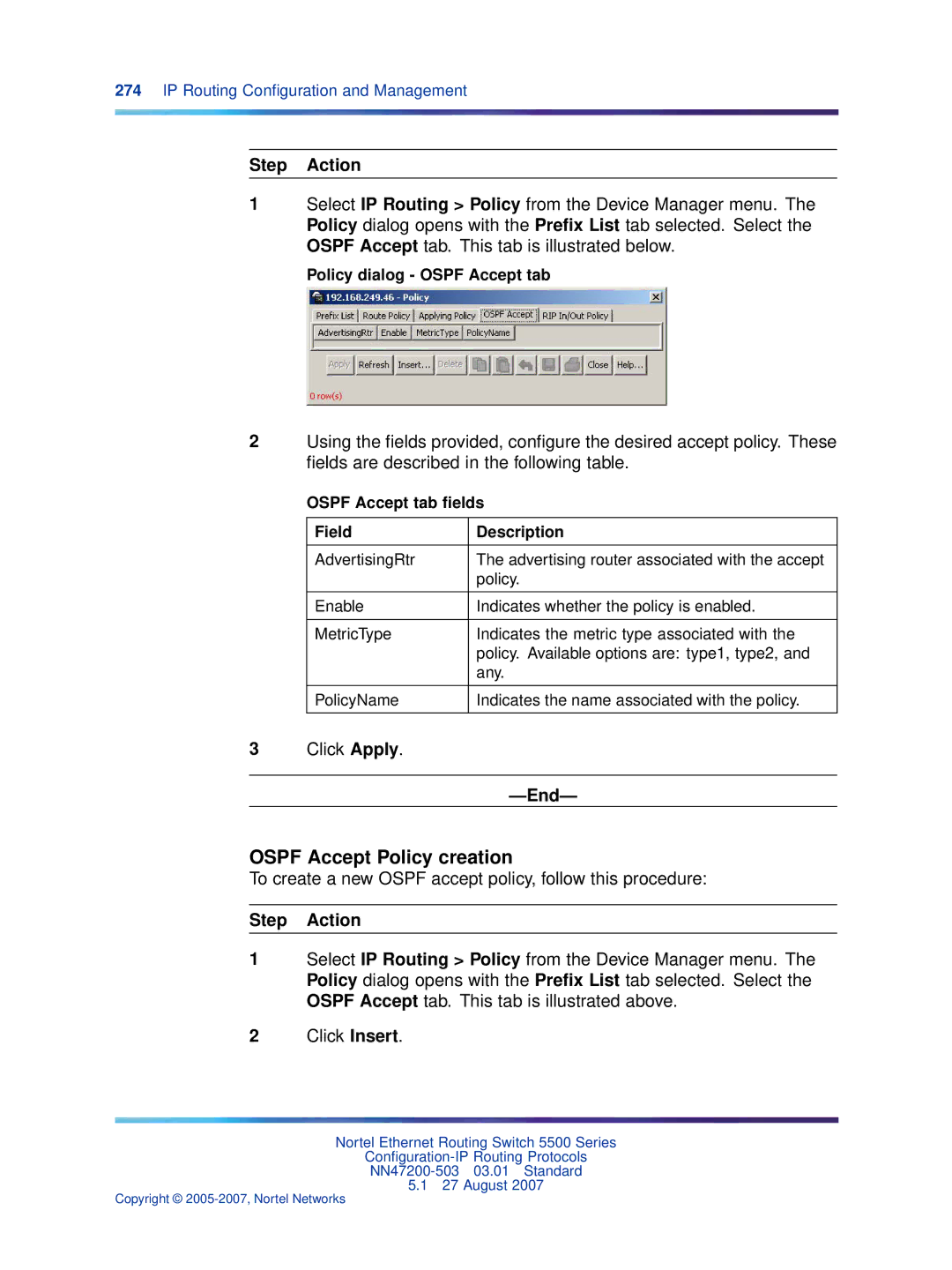 Nortel Networks NN47200-503 manual Ospf Accept Policy creation, To create a new Ospf accept policy, follow this procedure 