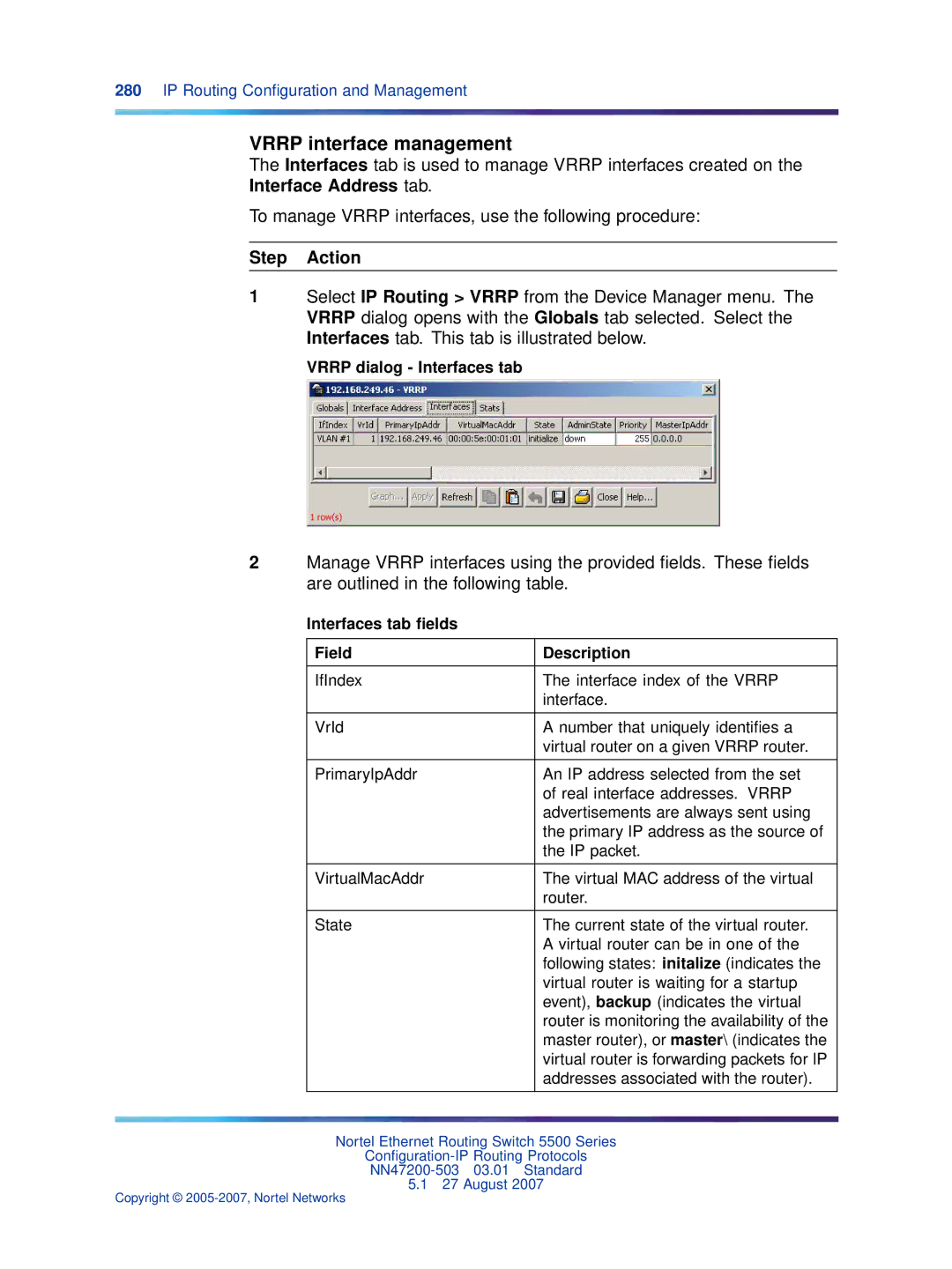 Nortel Networks NN47200-503 manual Vrrp interface management, Vrrp dialog Interfaces tab 