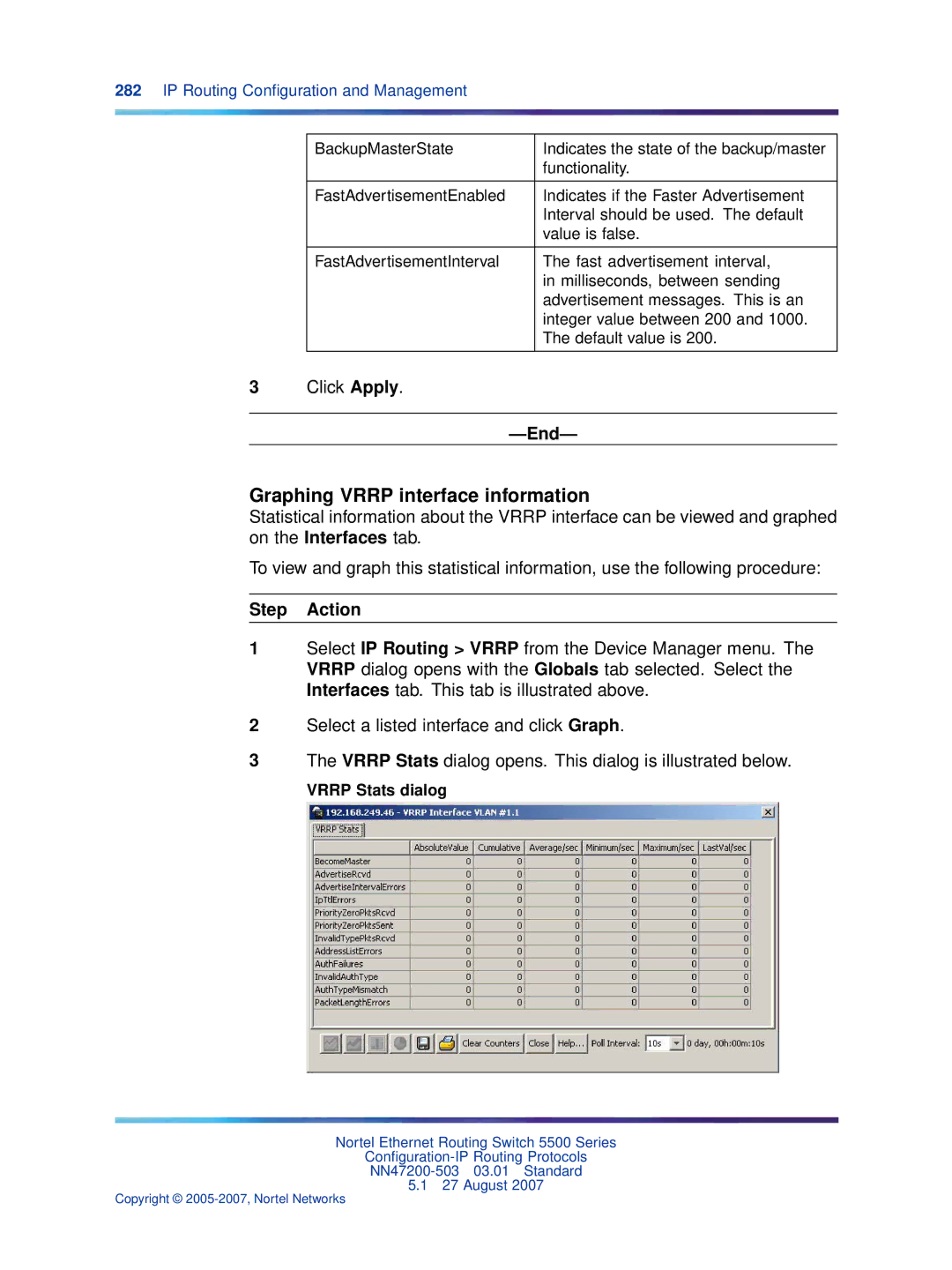 Nortel Networks NN47200-503 manual Graphing Vrrp interface information, Vrrp Stats dialog 