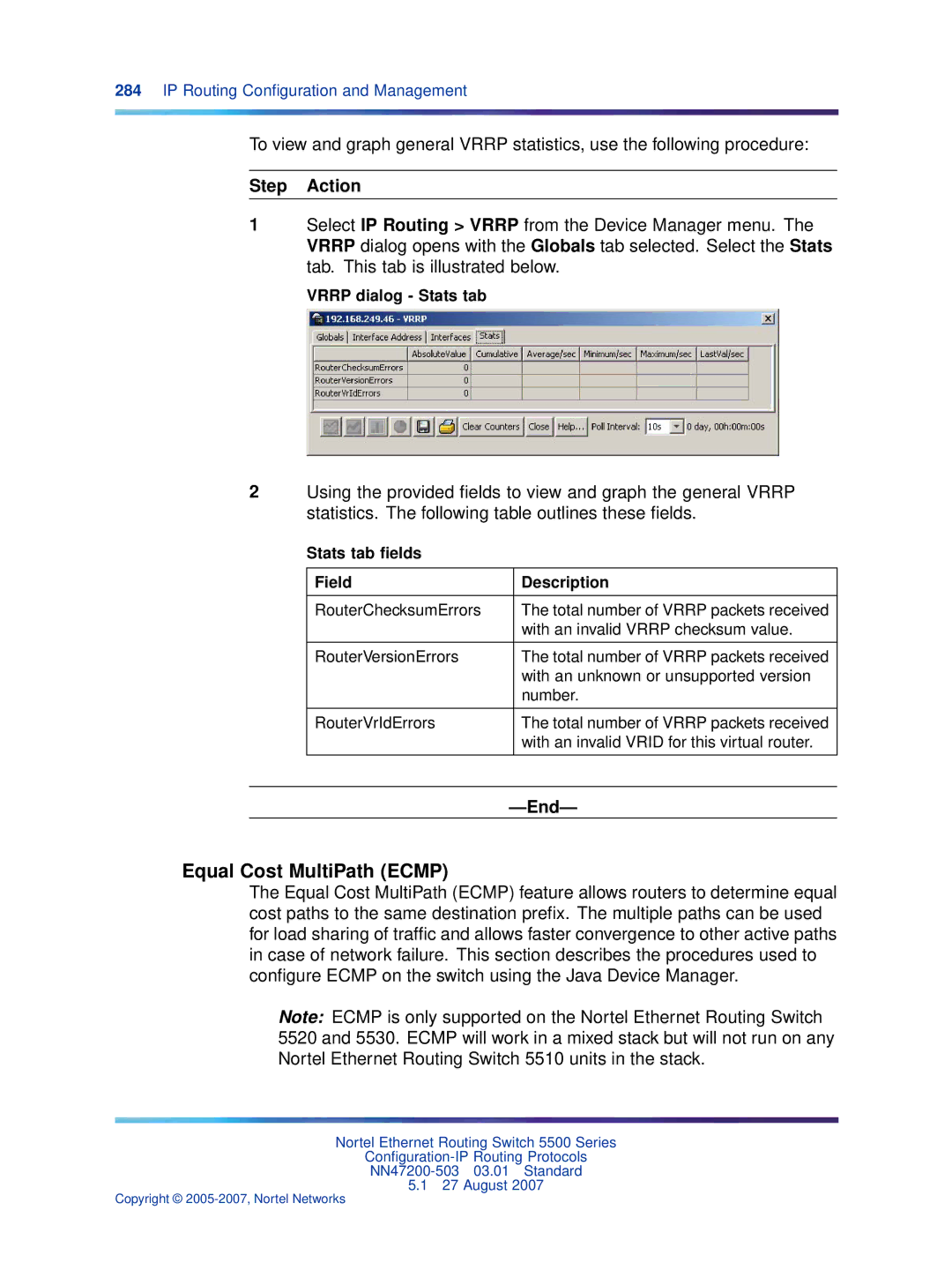 Nortel Networks NN47200-503 manual Vrrp dialog Stats tab, Stats tab ﬁelds Field Description 