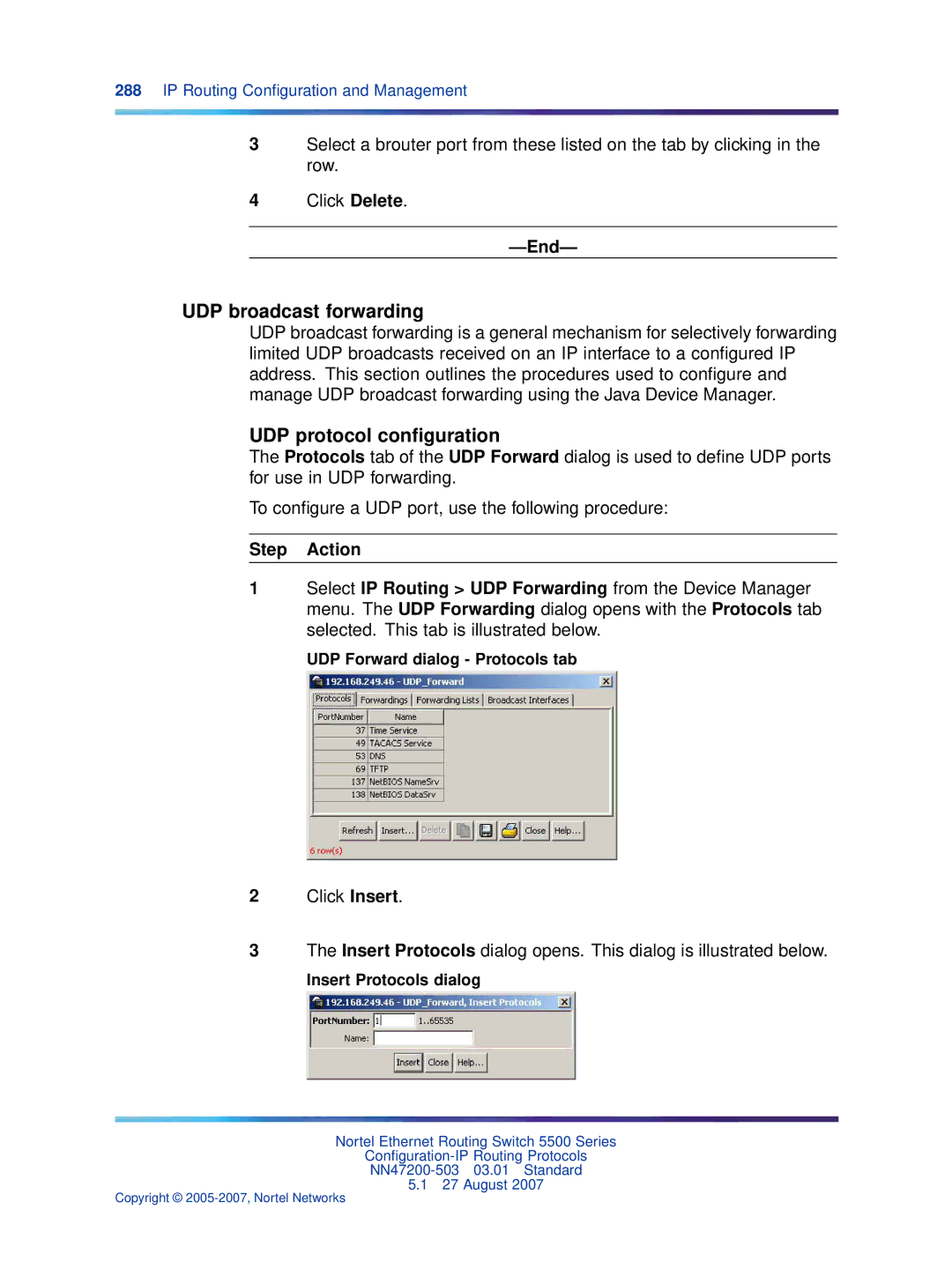 Nortel Networks NN47200-503 manual UDP protocol conﬁguration, UDP Forward dialog Protocols tab, Insert Protocols dialog 