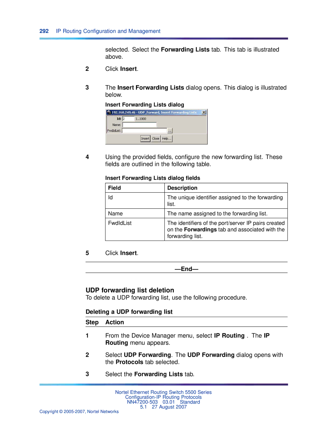 Nortel Networks NN47200-503 manual UDP forwarding list deletion, Deleting a UDP forwarding list Step Action 