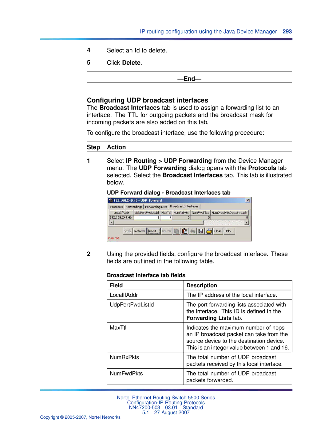 Nortel Networks NN47200-503 Conﬁguring UDP broadcast interfaces, Select an Id to delete Click Delete, Forwarding Lists tab 