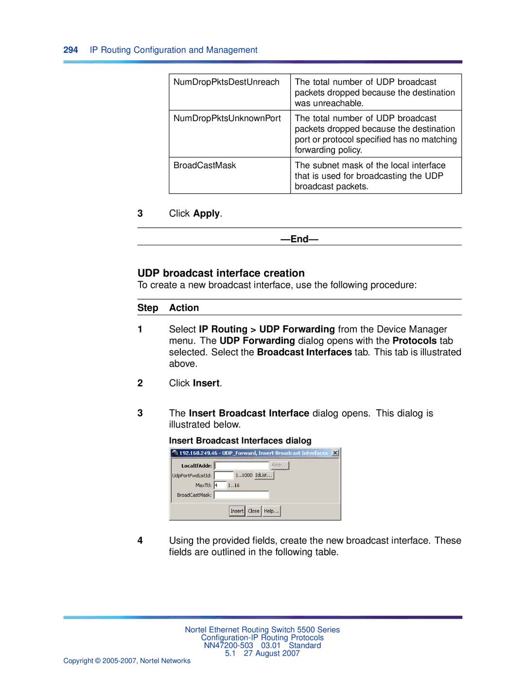 Nortel Networks NN47200-503 manual UDP broadcast interface creation, Insert Broadcast Interfaces dialog 