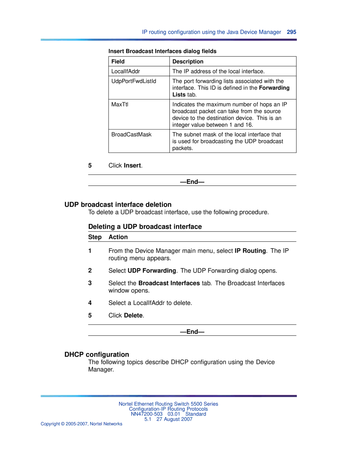 Nortel Networks NN47200-503 manual UDP broadcast interface deletion, Deleting a UDP broadcast interface, Dhcp conﬁguration 