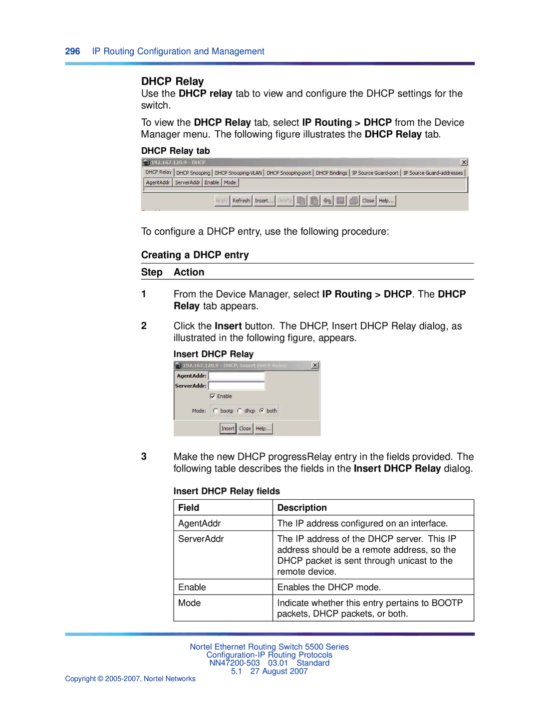 Nortel Networks NN47200-503 manual To conﬁgure a Dhcp entry, use the following procedure, Creating a Dhcp entry Step Action 