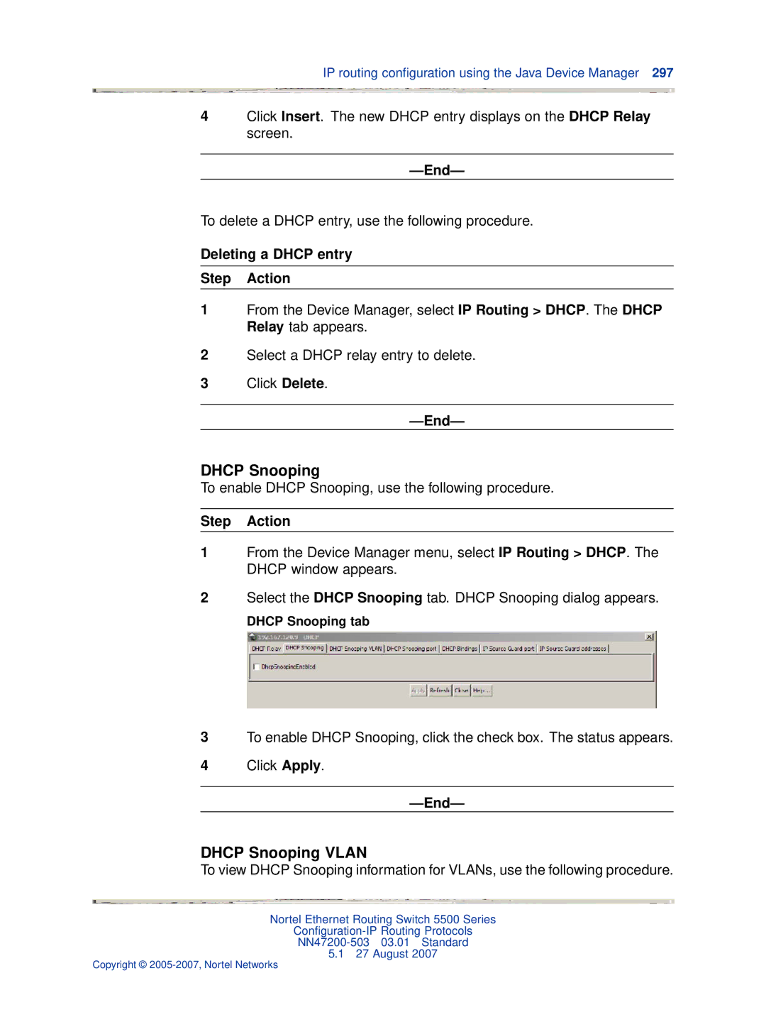 Nortel Networks NN47200-503 manual Dhcp Snooping Vlan, To delete a Dhcp entry, use the following procedure 