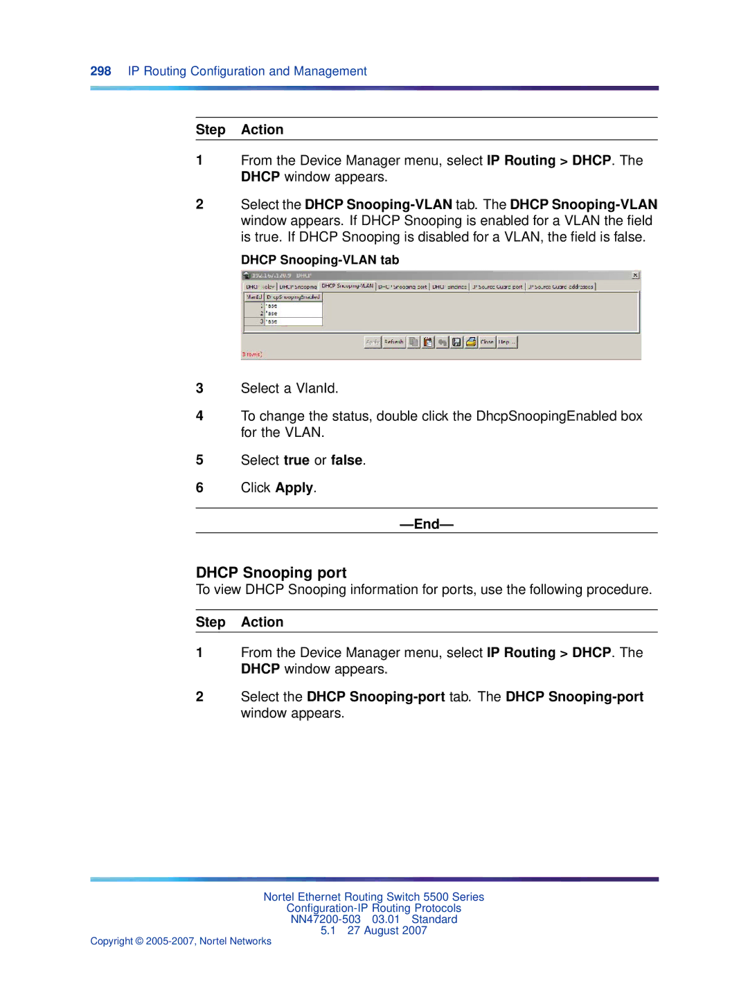 Nortel Networks NN47200-503 manual Dhcp Snooping port, Dhcp Snooping-VLAN tab 