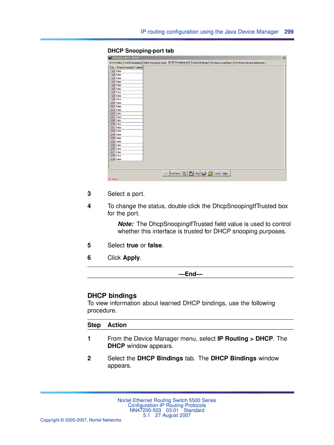 Nortel Networks NN47200-503 manual Dhcp bindings, Dhcp Snooping-port tab 