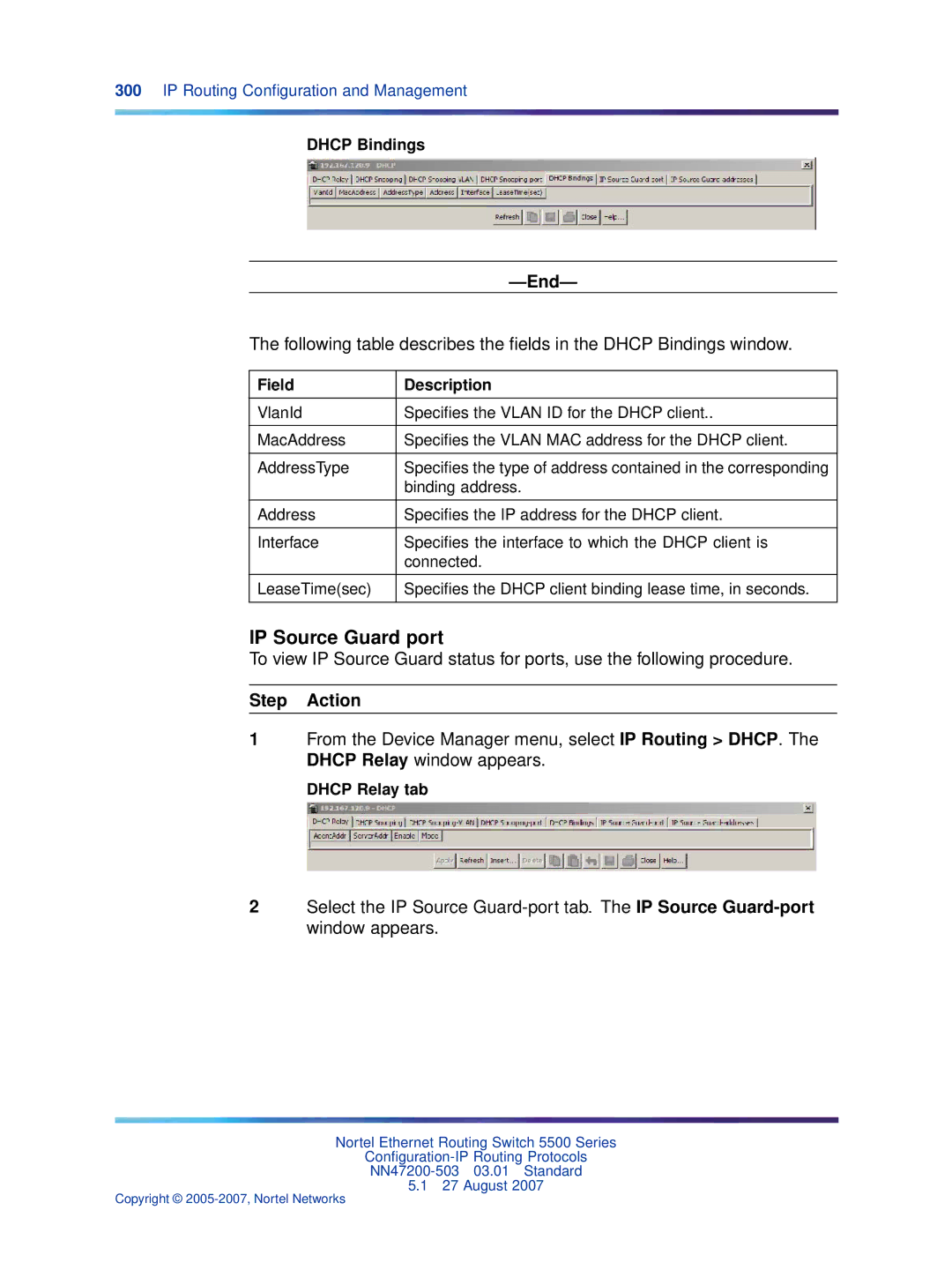 Nortel Networks NN47200-503 manual IP Source Guard port, Dhcp Bindings 