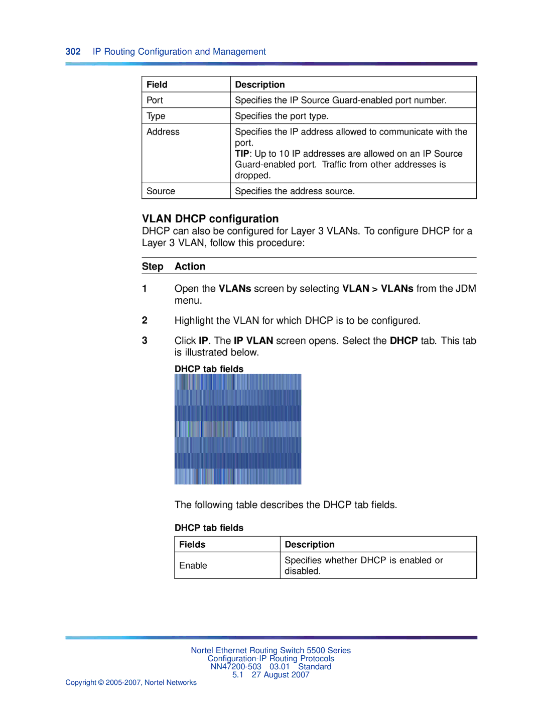 Nortel Networks NN47200-503 manual Vlan Dhcp conﬁguration, Following table describes the Dhcp tab ﬁelds 