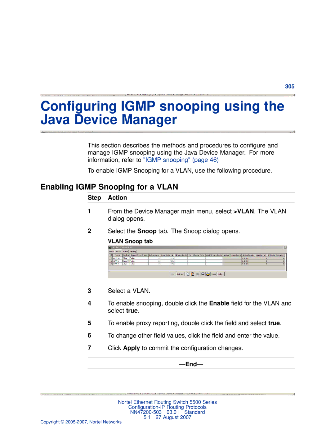 Nortel Networks NN47200-503 manual Conﬁguring Igmp snooping using the Java Device Manager, Vlan Snoop tab 