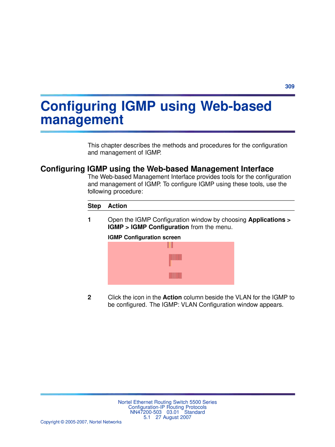 Nortel Networks NN47200-503 manual Conﬁguring Igmp using Web-based management, Igmp Conﬁguration screen 